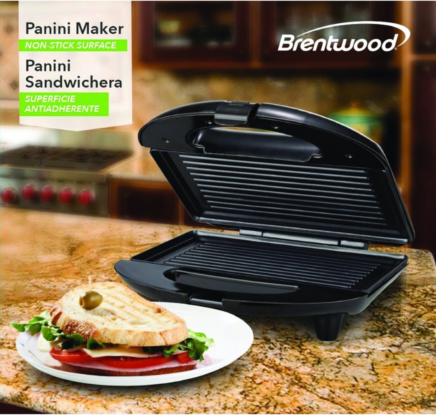 Brentwood Panini Press and Sandwich Maker Non-Stick, 9.75 x 9.75 x 3.75, Black