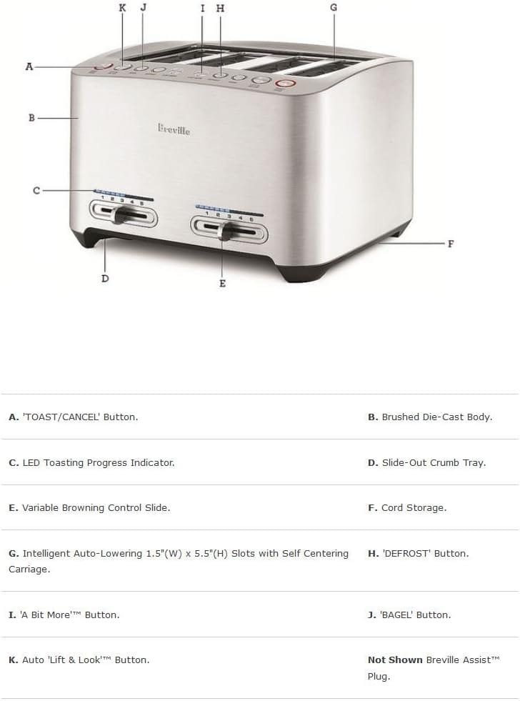Breville 4-Slice BTA840XL Die-Cast Smart Toaster, Stainless Steel