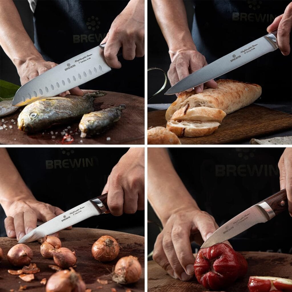 Brewin CHEFILOSOPHI Japanese Chef Knife Set 5 PCS with Elegant Red Pakkawood Handle Ergonomic Design,Professional Ultra Sharp Kitchen Knives for Cooking High Carbon Stainless Steel