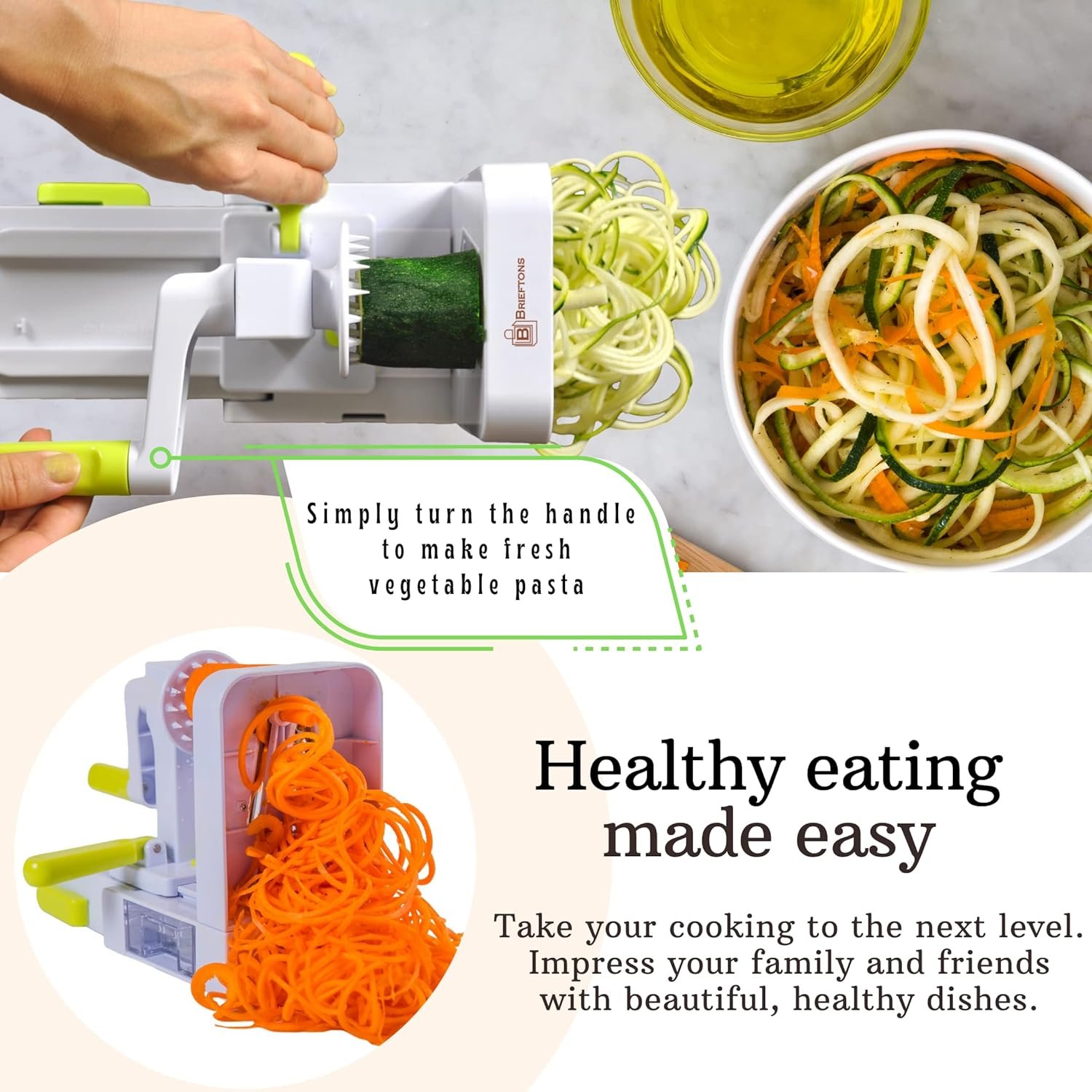 Brieftons QuickFold 5-Blade Spiralizer: Versatile  Compact Foldable Vegetable Spiral Slicer, Best Veggie Pasta Spaghetti Maker for Low Carb/Paleo/Gluten-Free with Brush  4 Recipe Ebooks Brieftons QuickFold 5-Blade Spiralizer: Versatile  Compact Foldable Vegetable Spiral Slicer, Best Veggie Pasta Spaghetti Maker for Low Carb/Paleo/Gluten-Free with Brush  4 Recipe Ebooks