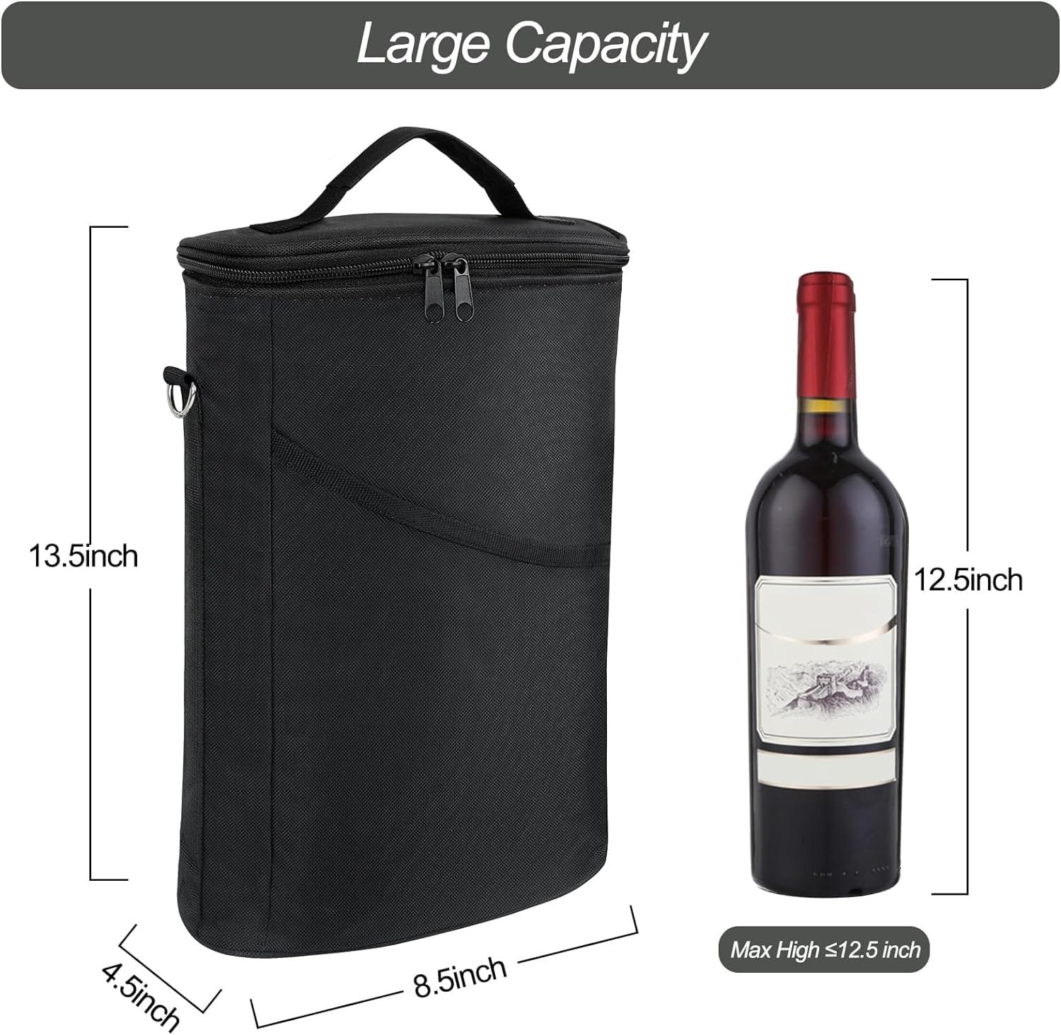 bruwaa 2 Bottle Wine Cooler Bag, Leakproof Insulated Padded Wine Gift Tote Carrier with Handle and Adjustable Shoulder Strap, for Travel, Wine Tasting, Party, Christmas Gift for Wine Lover - Black