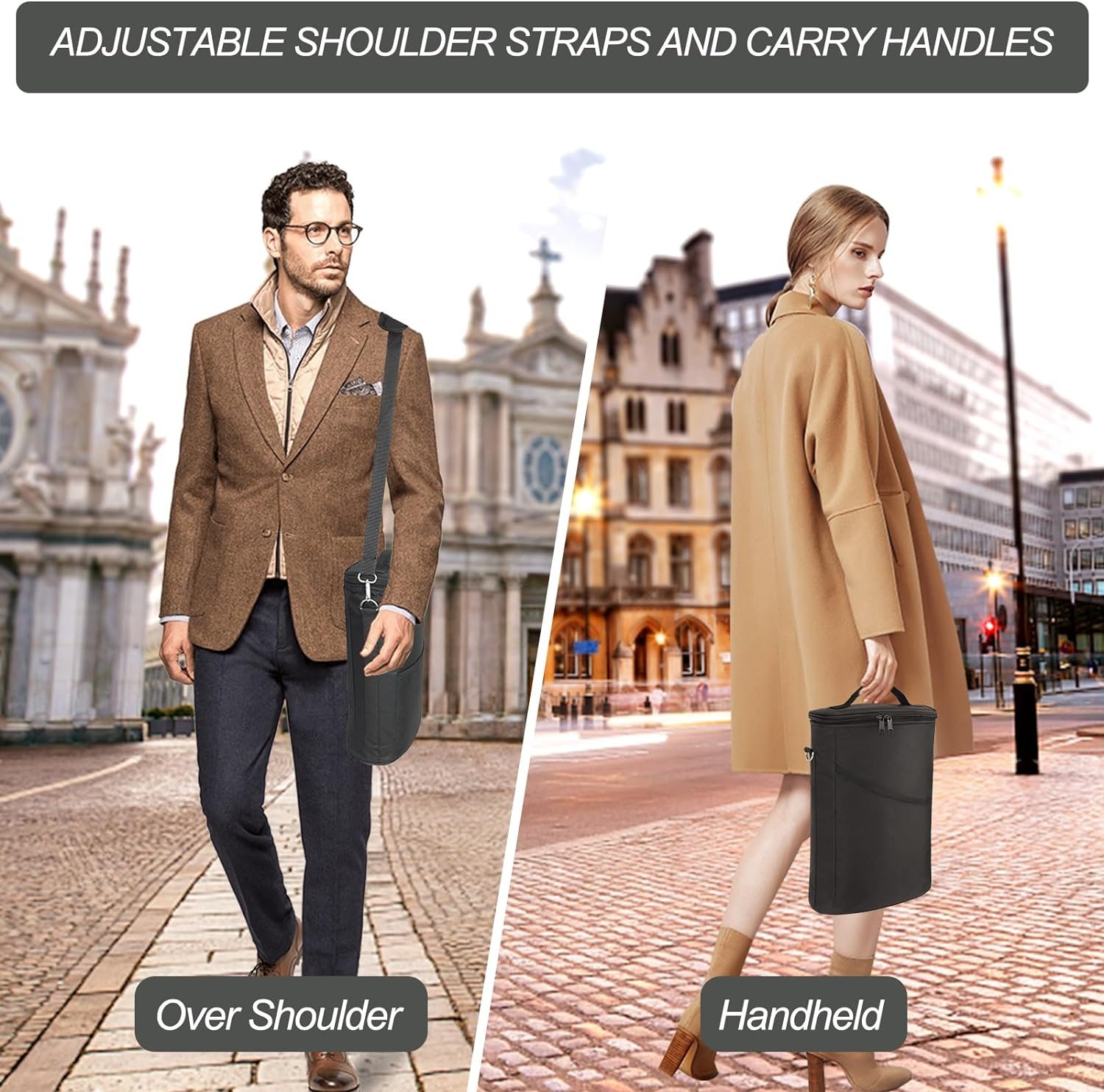 bruwaa 2 Bottle Wine Cooler Bag, Leakproof Insulated Padded Wine Gift Tote Carrier with Handle and Adjustable Shoulder Strap, for Travel, Wine Tasting, Party, Christmas Gift for Wine Lover - Black