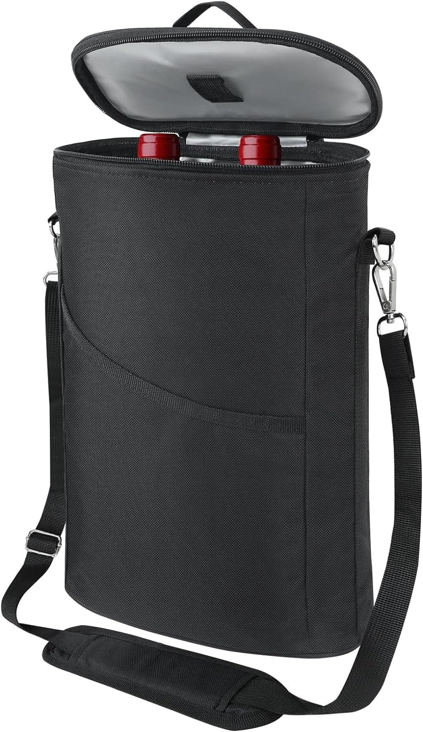bruwaa 2 Bottle Wine Cooler Bag, Leakproof Insulated Padded Wine Gift Tote Carrier with Handle and Adjustable Shoulder Strap, for Travel, Wine Tasting, Party, Christmas Gift for Wine Lover - Black