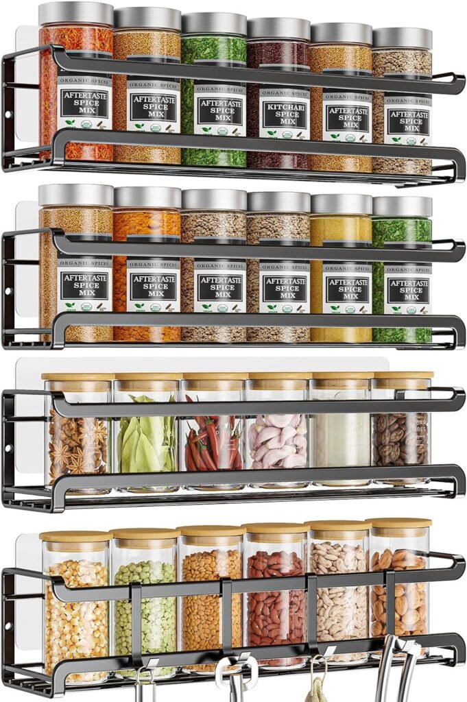 Bunoxea Spice Rack wall mounted 4 Pack, Space-Saving Spice Organizer for Spice Jars and Seasonings,Screw or Adhesive Hanging Spice Rack Organizer for Your Kitchen Cabinet,or Pantry Door