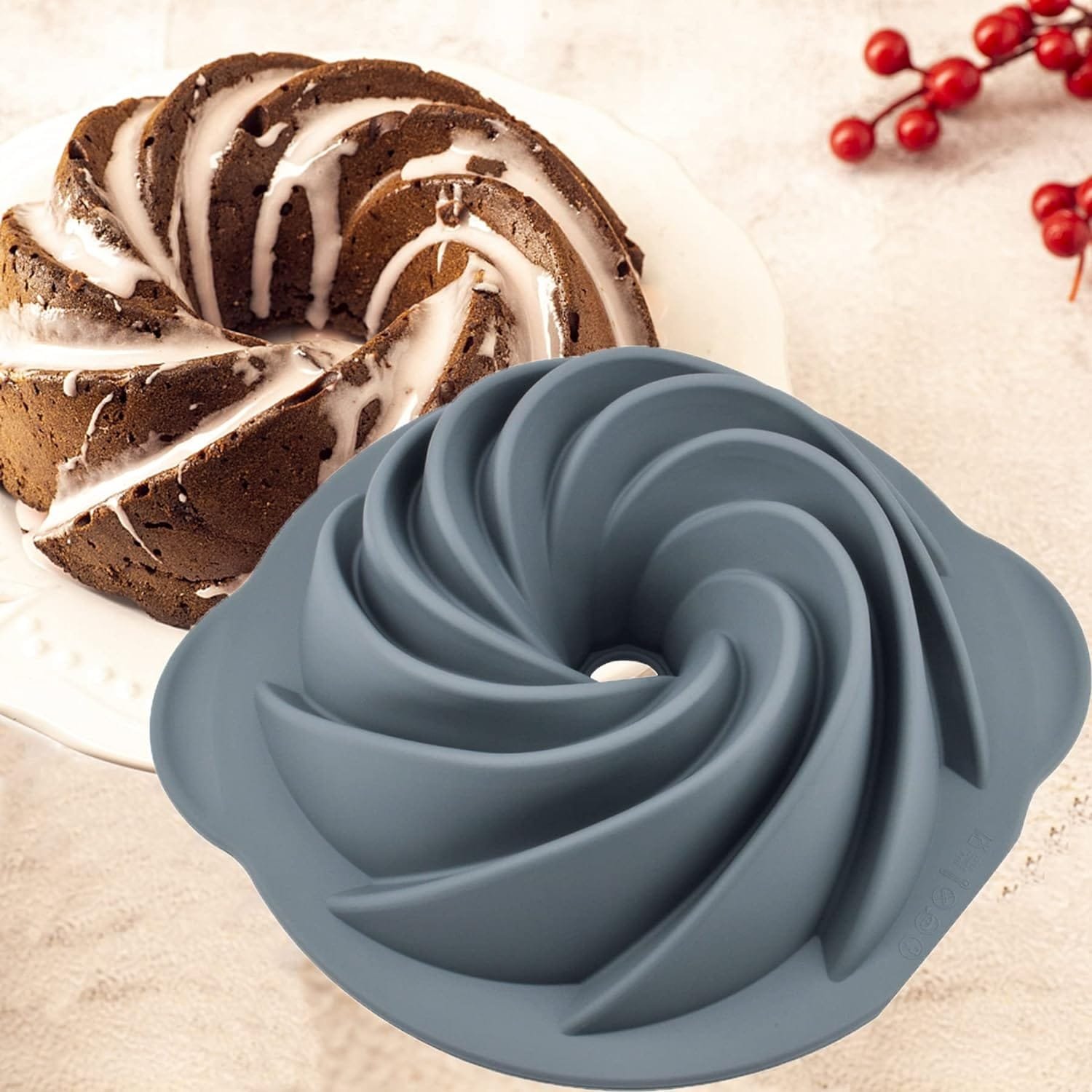 Bunte Cake Pan Nonstick, 10-Inch Silicone Cake Pan Cake Mold, Moldes Para Gelatinas Con Diseño with Baking Handle (Grey)