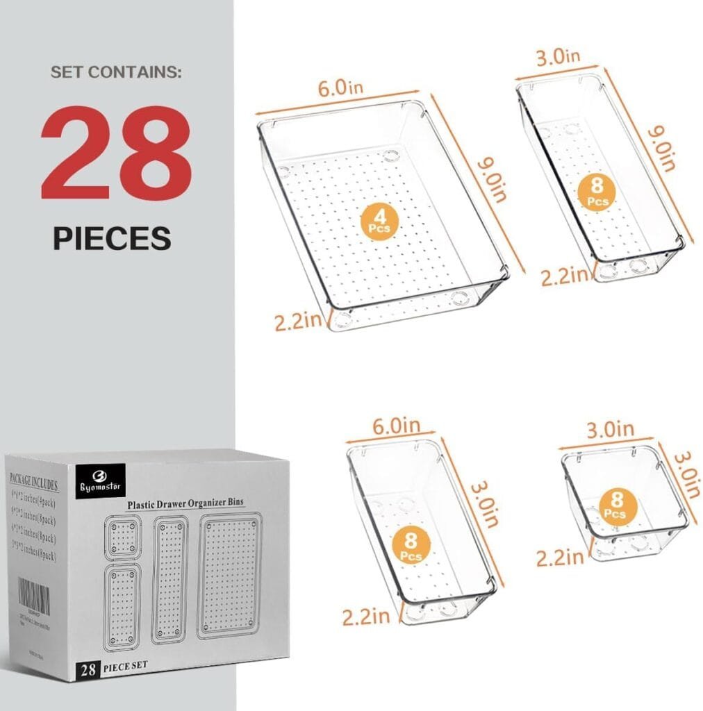 Byomostor 28PCS Clear Plastic Drawers Organizer in 4 Sizes, Ultimate Drawer Organizer Bins for Bathroom, Vanity, Junk Drawer, Office - Store Makeup, Jewelries, Supplies, and Tools with Ease Byomostor 28PCS Clear Plastic Drawers Organizer in 4 Sizes, Ultimate Drawer Organizer Bins for Bathroom, Vanity, Junk Drawer, Office - Store Makeup, Jewelries, Supplies, and Tools with Ease