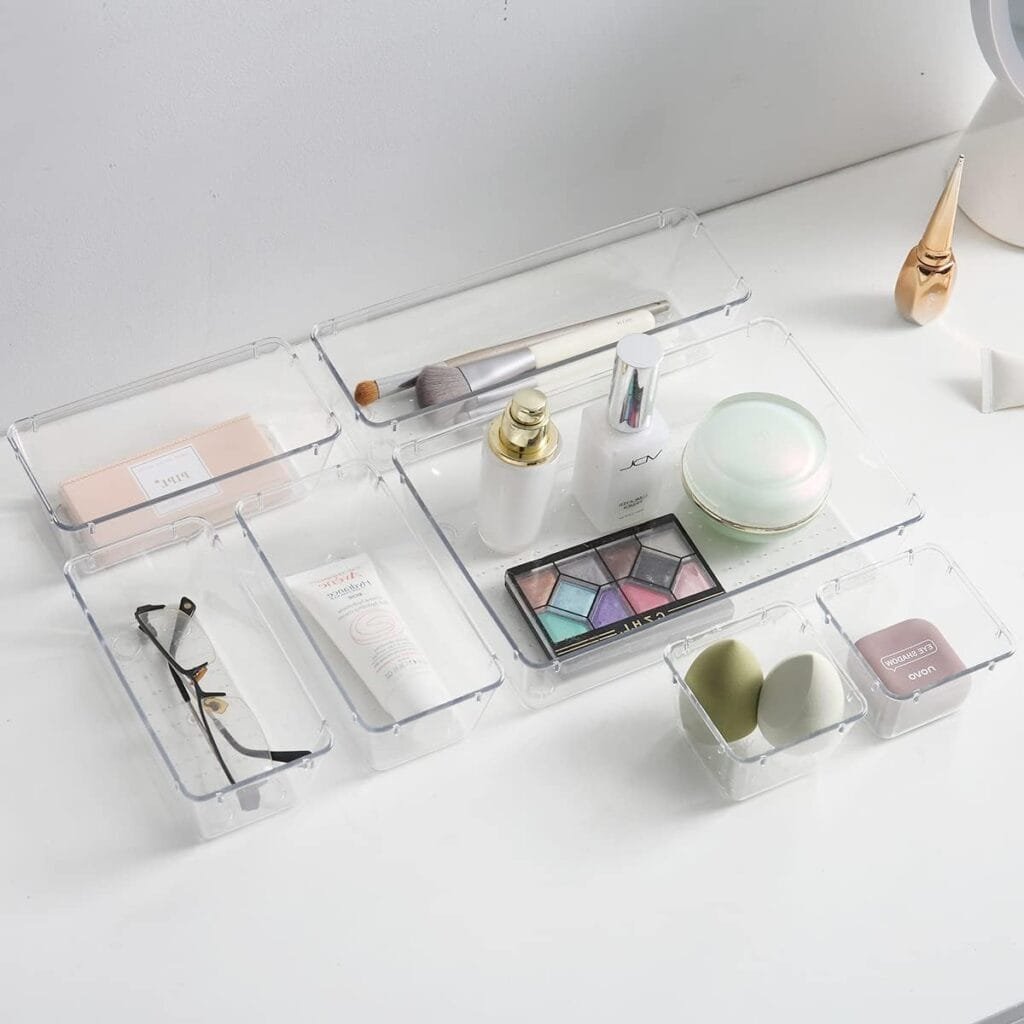 Byomostor 28PCS Clear Plastic Drawers Organizer in 4 Sizes, Ultimate Drawer Organizer Bins for Bathroom, Vanity, Junk Drawer, Office - Store Makeup, Jewelries, Supplies, and Tools with Ease Byomostor 28PCS Clear Plastic Drawers Organizer in 4 Sizes, Ultimate Drawer Organizer Bins for Bathroom, Vanity, Junk Drawer, Office - Store Makeup, Jewelries, Supplies, and Tools with Ease