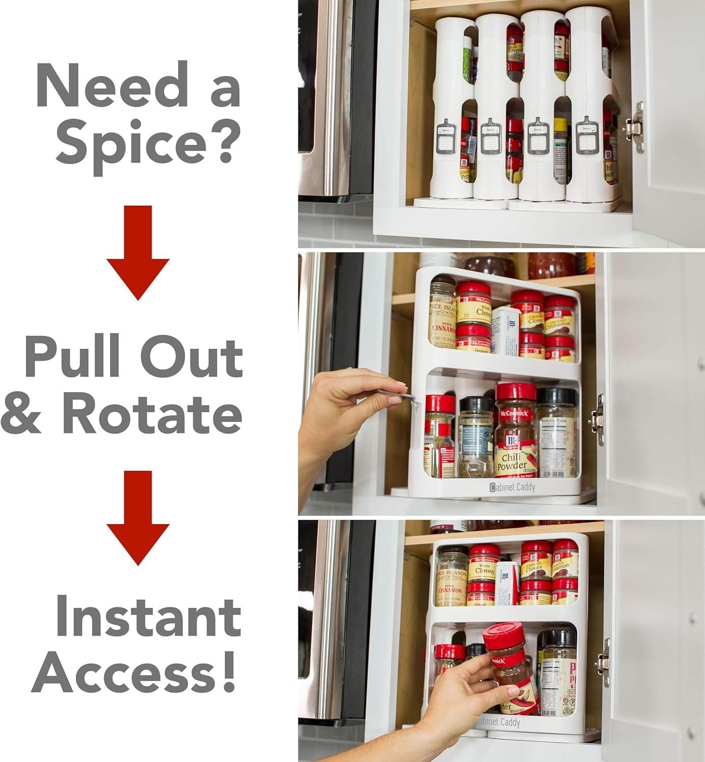 Cabinet Caddy (White | Pull-and-Rotate Spice Rack Organizer | 2 Double-Decker Shelves | Modular Design | Non-Skid Base | Stores Prescriptions, Essential Oils | 10.8 H x 5.25 W x 10.8 D