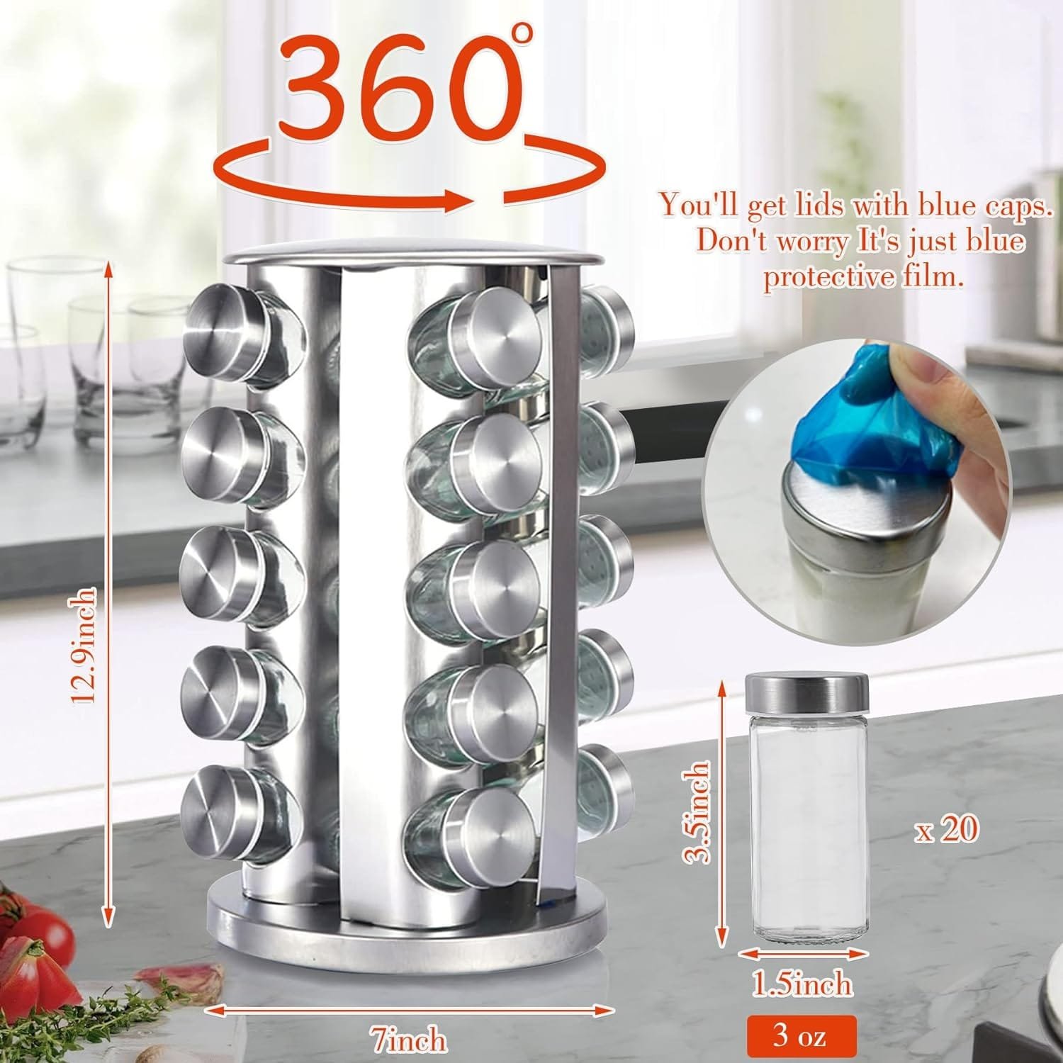 CAHOME Spice rack organizer, Spice jars with label and organizer (20 jars) Kitchen rotating seasoning organizer for countertop, Spinning spice organizer, Round revolving spice rack