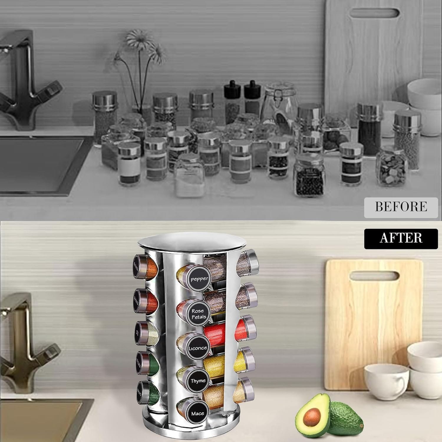 cahome-spice-rack-organizer-spice-jars-with-label-and-organizer-20-jars-kitchen-rotating-seasoning-organizer-for-counter - Cooking Appliance World