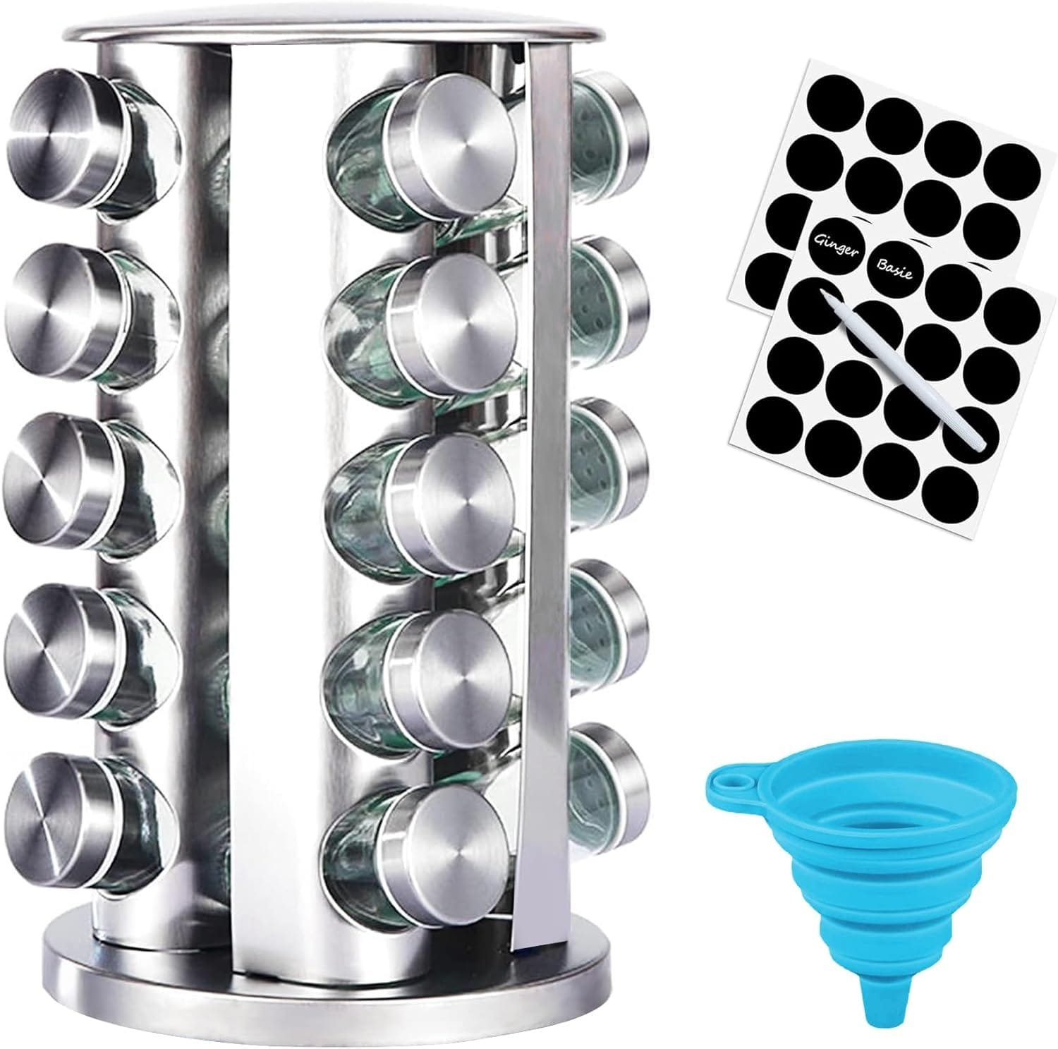 CAHOME Spice rack organizer, Spice jars with label and organizer (20 jars) Kitchen rotating seasoning organizer for countertop, Spinning spice organizer, Round revolving spice rack