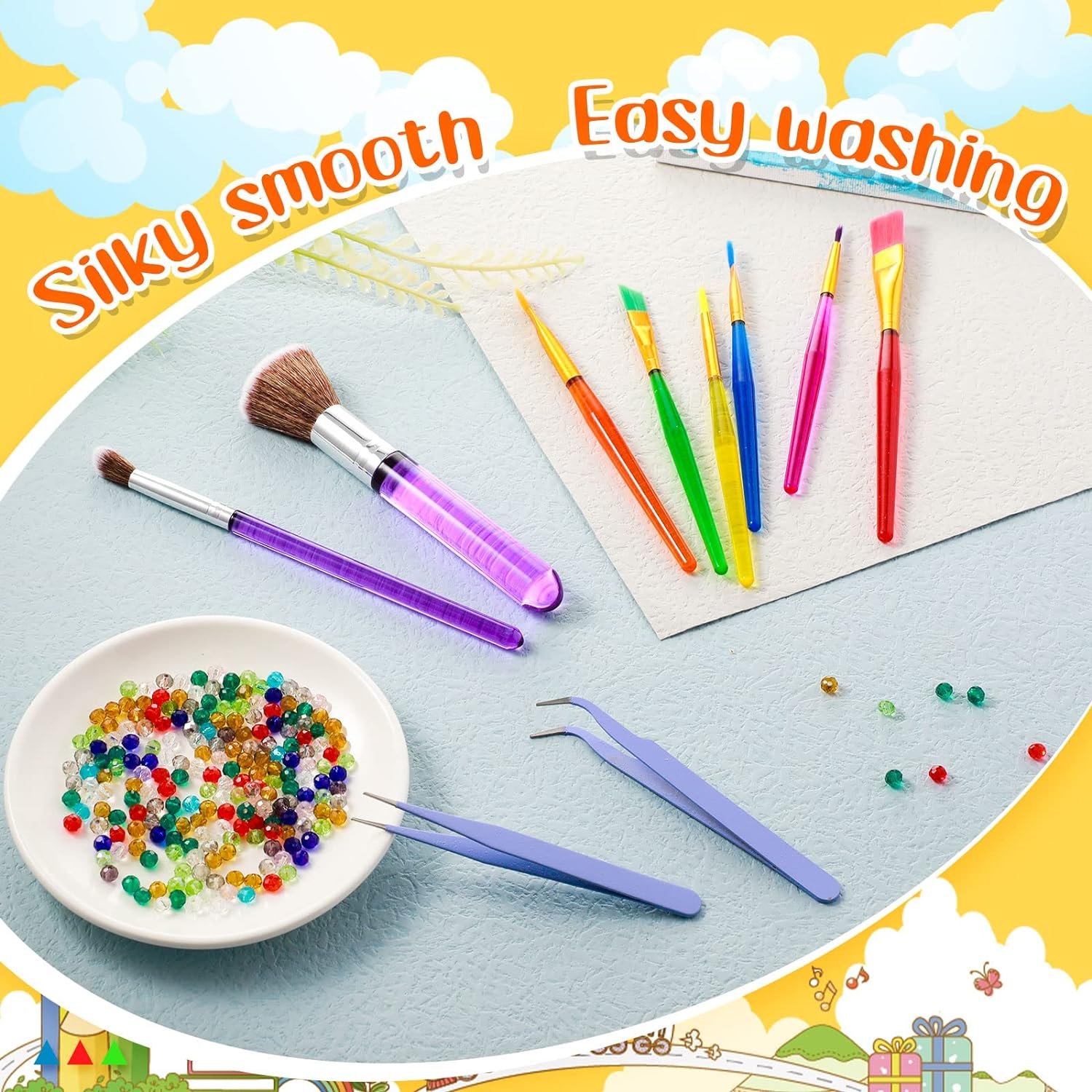 Cake Candy Decorating Brushes Tools Cookie Decoration Brushes Pastry Brush and Stainless Steel Tweezers Straight and Curved Tip Tweezers Pasta Tweezers for Baking Fondant (Macaron Color, 9 Pieces)