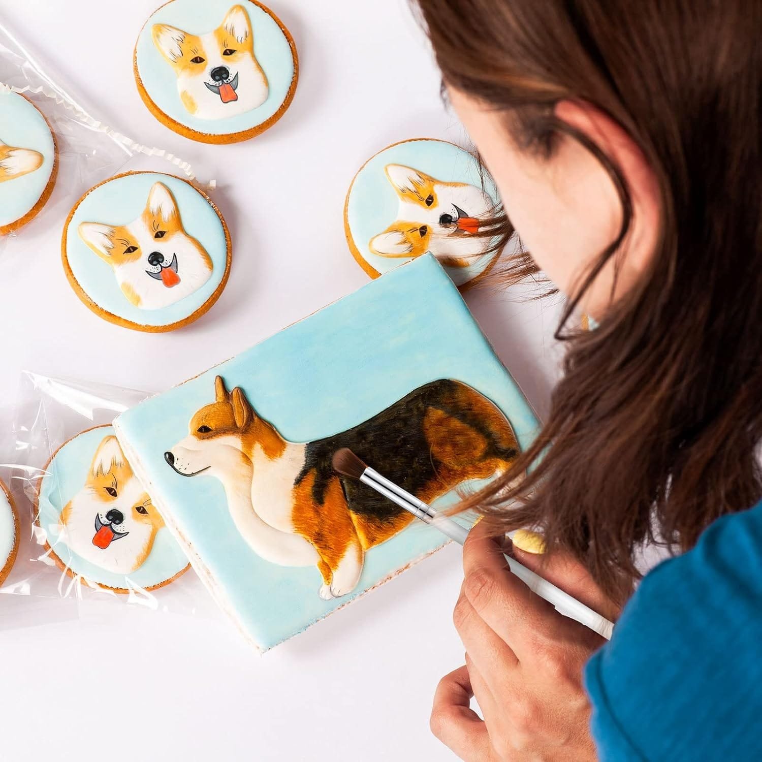 Cake Candy Decorating Brushes Tools Cookie Decoration Brushes Pastry Brush and Stainless Steel Tweezers Straight and Curved Tip Tweezers Pasta Tweezers for Baking Fondant (Macaron Color, 9 Pieces)