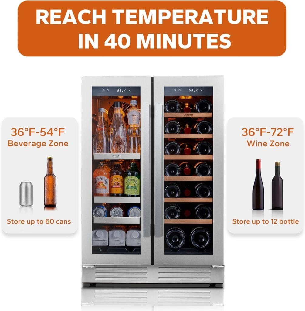 CaLefort 15 Beverage Refrigerator - 100 Cans Soda Beer Capacity Single Zone with Modern Touch Intelligent Digital 34°-54°F, Built in or Freestanding Wine Cooler for Home and Kitchen