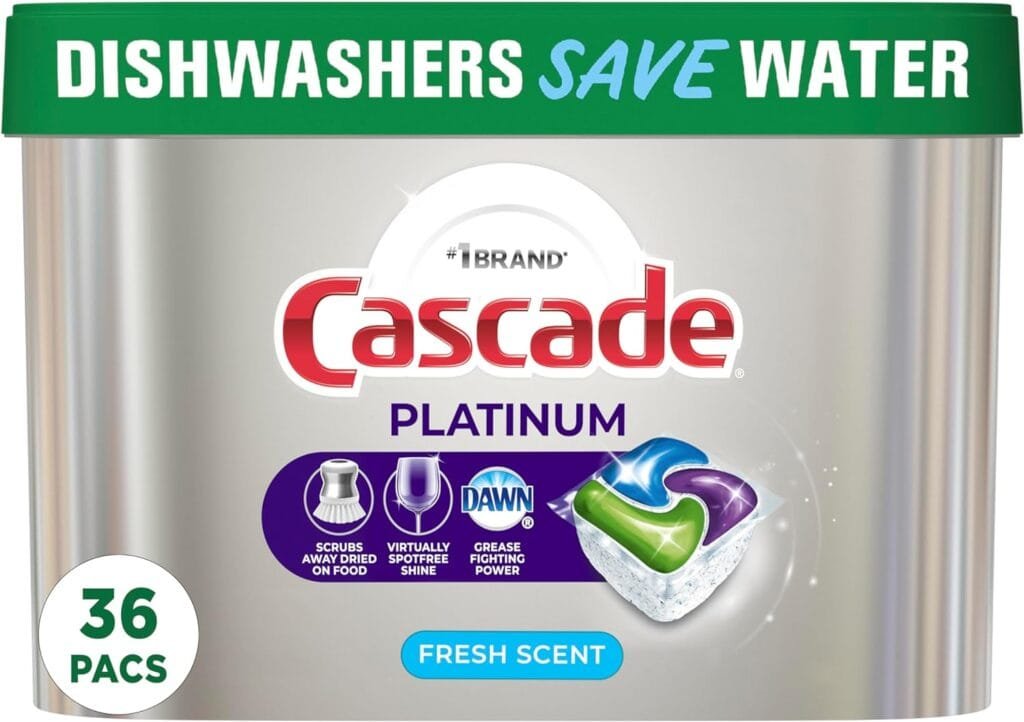 Cascade Platinum Dishwasher Pods, Detergent, Soap Pods, Actionpacs with Dishwasher Cleaner and Deodorizer Action, Fresh, 62 Count