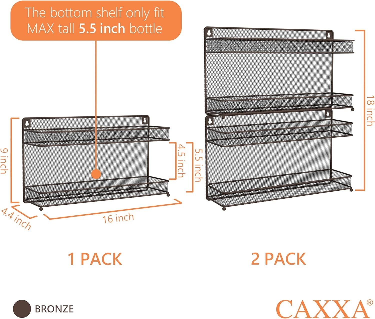 CAXXA 2 PK 2 Tier Mesh Kitchen Counter-top or Wall Mount Spice Rack Jars Storage Organizer, Bronze CAXXA 2 PK 2 Tier Mesh Kitchen Counter-top or Wall Mount Spice Rack Jars Storage Organizer, Bronze