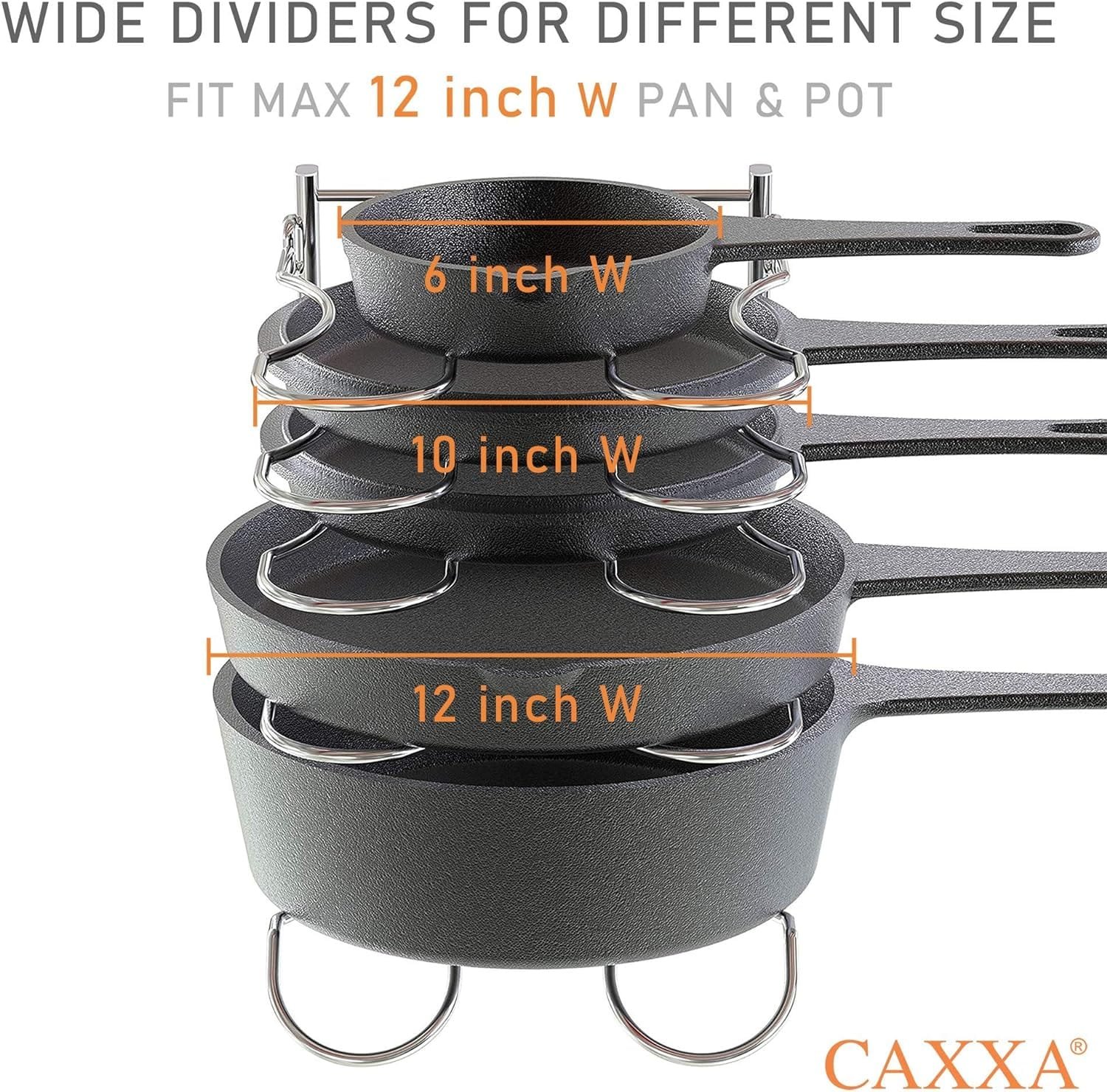CAXXA Metal Heavy Duty Pan Rack, Pot Lid Rack, Kitchen Cabinet Pantry Cookware Organizer Rack Holder | 5 Adjustable Dividers, 12.8 x 10.4 x 8.9 INCH, Chrome CAXXA Metal Heavy Duty Pan Rack, Pot Lid Rack, Kitchen Cabinet Pantry Cookware Organizer Rack Holder | 5 Adjustable Dividers, 12.8 x 10.4 x 8.9 INCH, Chrome