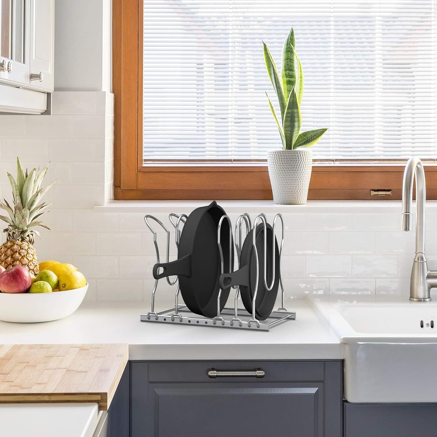 CAXXA Metal Heavy Duty Pan Rack, Pot Lid Rack, Kitchen Cabinet Pantry Cookware Organizer Rack Holder | 5 Adjustable Dividers, 12.8 x 10.4 x 8.9 INCH, Chrome CAXXA Metal Heavy Duty Pan Rack, Pot Lid Rack, Kitchen Cabinet Pantry Cookware Organizer Rack Holder | 5 Adjustable Dividers, 12.8 x 10.4 x 8.9 INCH, Chrome