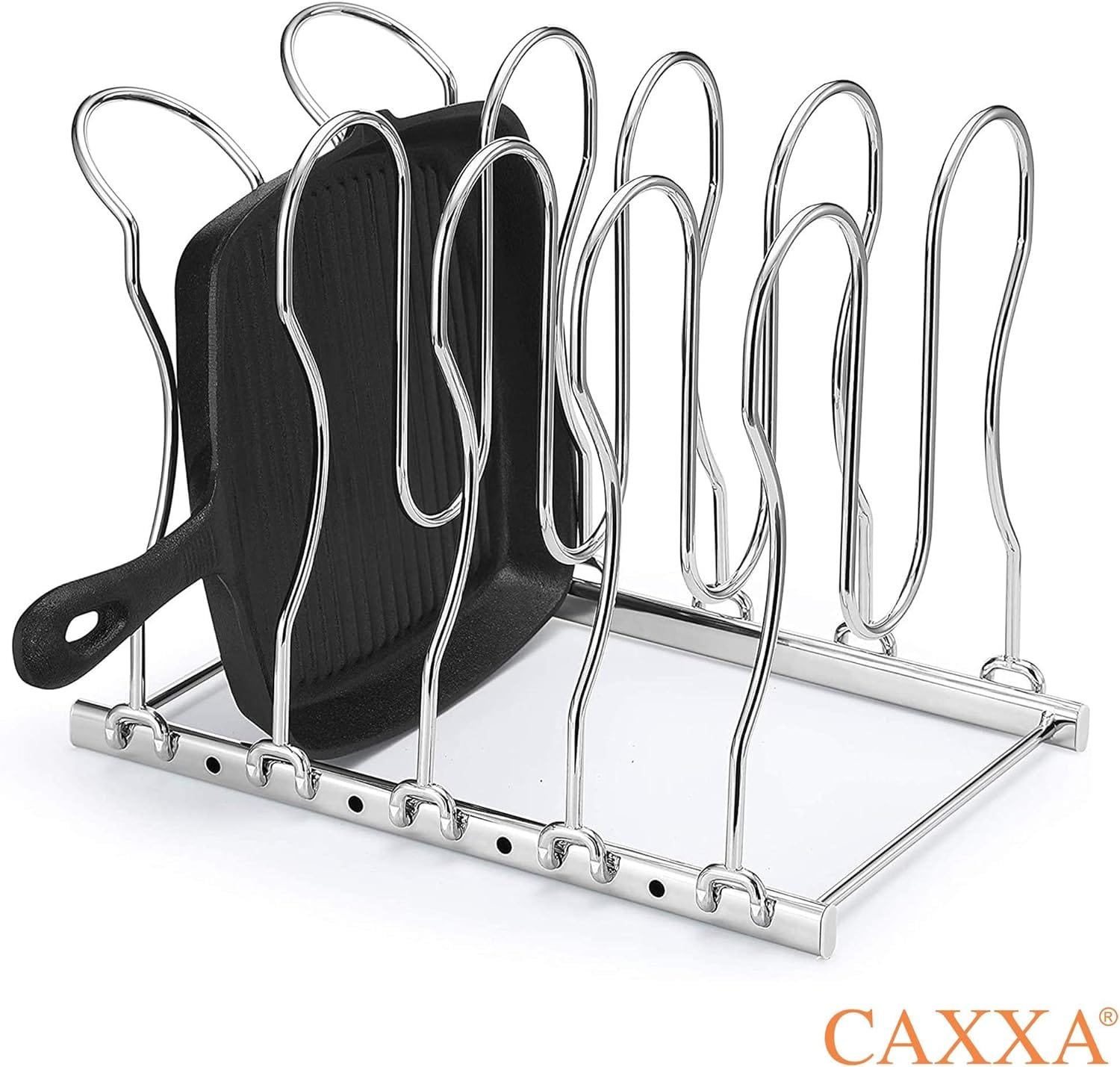 CAXXA Metal Heavy Duty Pan Rack, Pot Lid Rack, Kitchen Cabinet Pantry Cookware Organizer Rack Holder | 5 Adjustable Dividers, 12.8 x 10.4 x 8.9 INCH, Chrome CAXXA Metal Heavy Duty Pan Rack, Pot Lid Rack, Kitchen Cabinet Pantry Cookware Organizer Rack Holder | 5 Adjustable Dividers, 12.8 x 10.4 x 8.9 INCH, Chrome