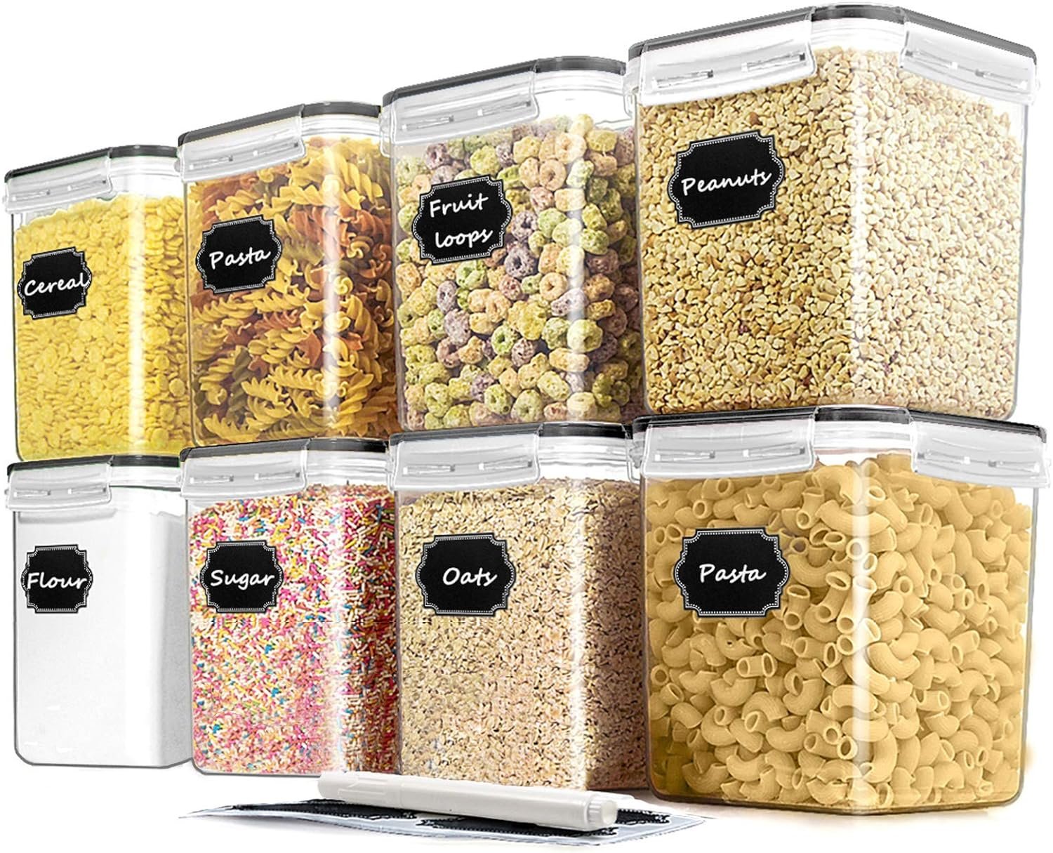 Cereal Container Food Storage Containers, Airtight Dry Food Storage Containers Set of 8 (2.5L/85oz) for Flour, Sugar, Cereal and Pantry Storage Containers with Black Locking Lids Cereal Container Food Storage Containers, Airtight Dry Food Storage Containers Set of 8 (2.5L/85oz) for Flour, Sugar, Cereal and Pantry Storage Containers with Black Locking Lids