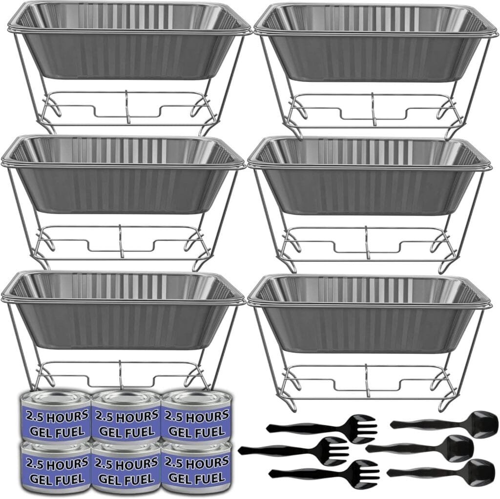 Chafing Dish Buffet Set, Half Size, Disposable Catering Supplies -6 Pack- Food Warmers for Parties, Incl Wire Racks, Fuel, Aluminum Water Pans, Food Pans, Serving Utensils -Single Pan Food Warmer Chafing Dish Buffet Set, Half Size, Disposable Catering Supplies -6 Pack- Food Warmers for Parties, Incl Wire Racks, Fuel, Aluminum Water Pans, Food Pans, Serving Utensils -Single Pan Food Warmer