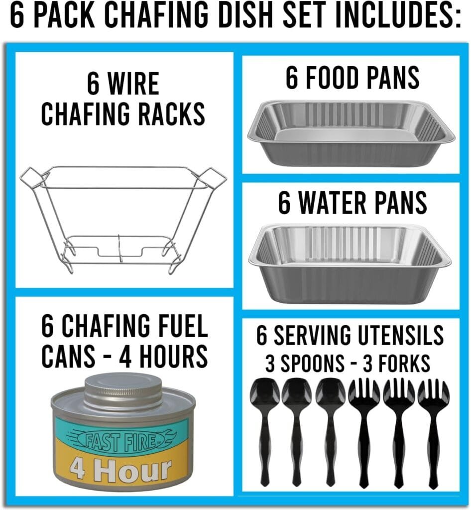 Chafing Dish Buffet Set, Half Size, Disposable Catering Supplies -6 Pack- Food Warmers for Parties, Incl Wire Racks, Fuel, Aluminum Water Pans, Food Pans, Serving Utensils -Single Pan Food Warmer Chafing Dish Buffet Set, Half Size, Disposable Catering Supplies -6 Pack- Food Warmers for Parties, Incl Wire Racks, Fuel, Aluminum Water Pans, Food Pans, Serving Utensils -Single Pan Food Warmer