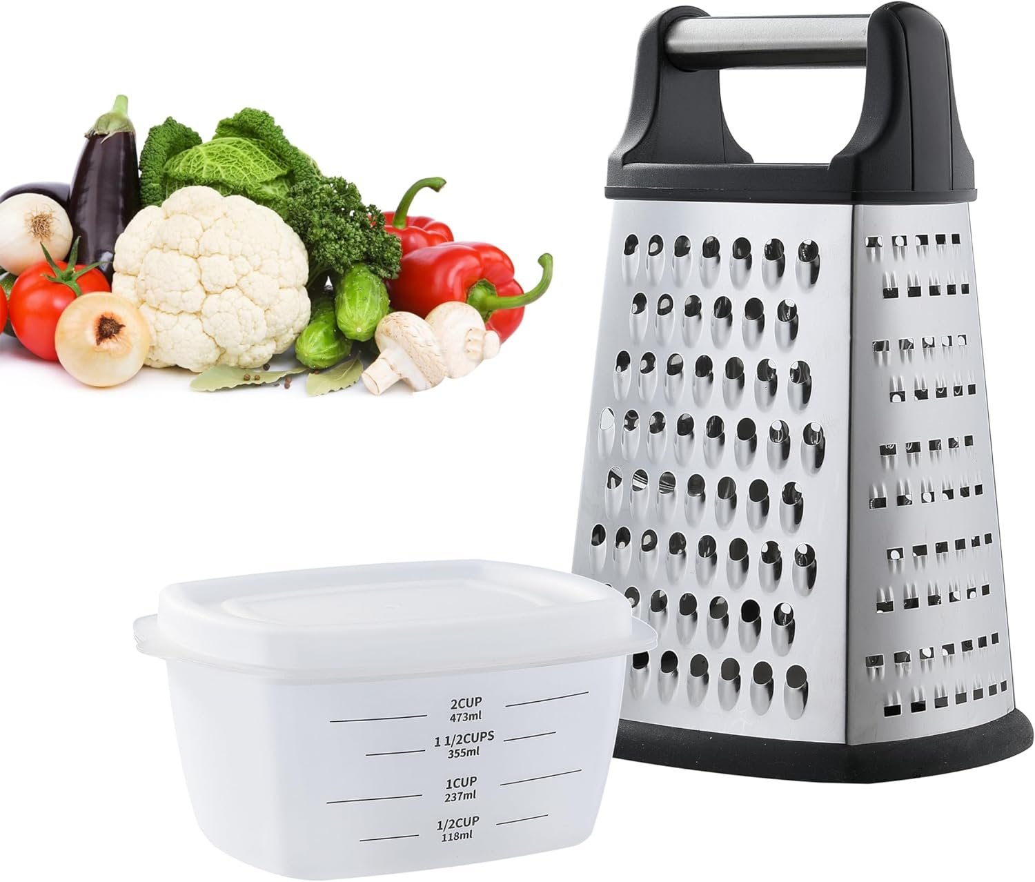 Cheese Grater, Little Cook Stainless Steel 4-Sided Box Grater, Detachable 3 Cup Storage Container and Measurement Markings Graters With Handle for Kitchen, Dishwasher Safe (Black)