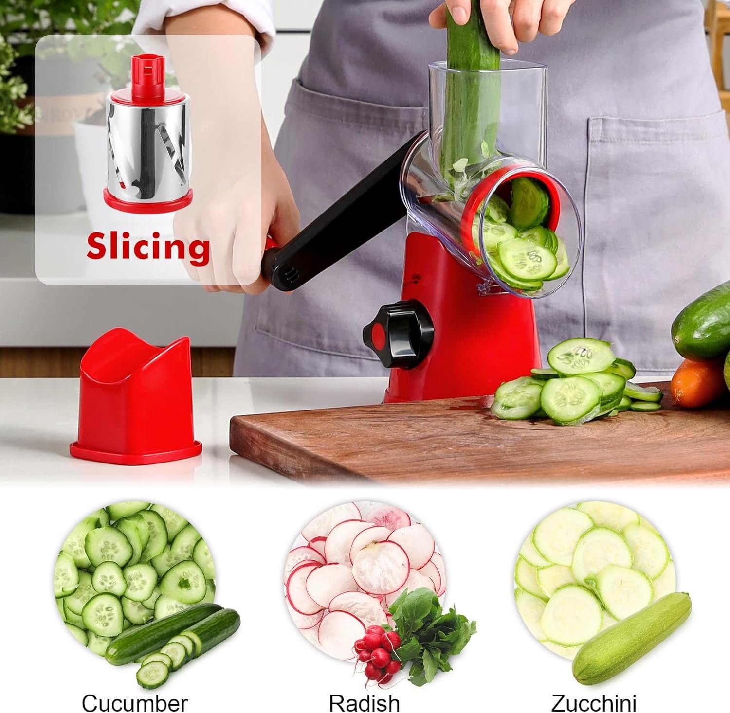 Cheese Grater Rotary, Rotary Grater for Kitchen, Kitchen Grater Vegetable Slicer with 3 Drum Blades, Fast Cutting Cheese Shredder for Vegetables and Nuts