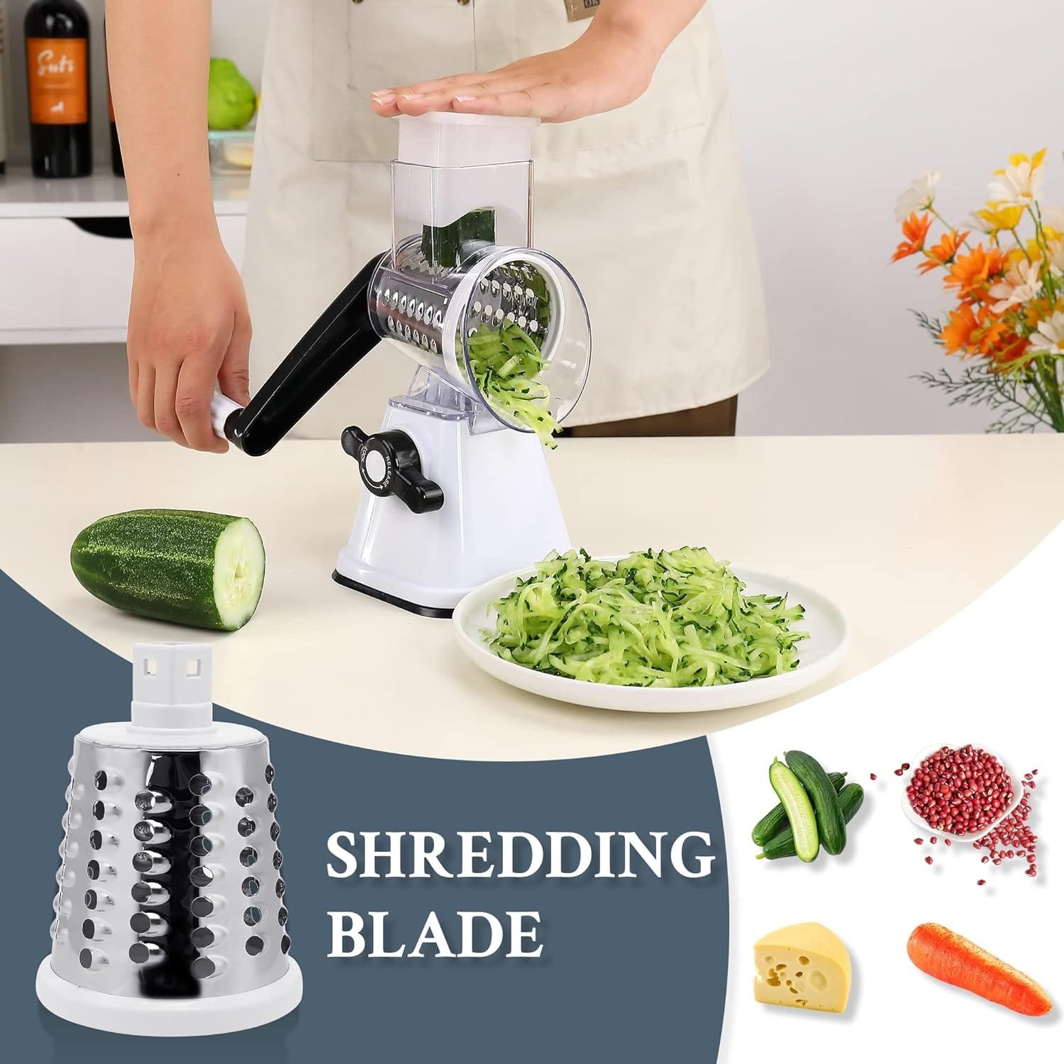 Cheese Graters with Handle, Manual Cheese Shredder Rotary Grater with 3 Replaceable Drum Blades for Vegetables, Fruit, Food, Nuts Cheese Graters with Handle, Manual Cheese Shredder Rotary Grater with 3 Replaceable Drum Blades for Vegetables, Fruit, Food, Nuts