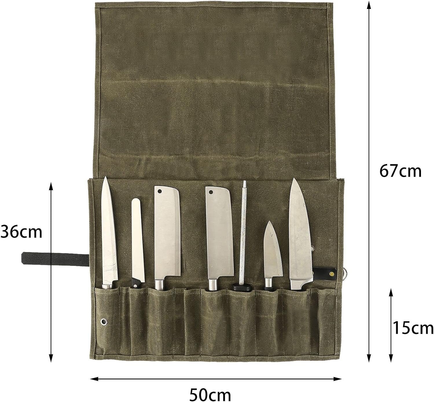 Chef Knife Roll Bag, 9 Pockets Canvas Knife Case, Knife Bag, Knife Wrap Wallet, Cutlery Knife Pouch Holders Protectors for Chef Knives Kitchen Utensils, Tool Roll (Army Green)