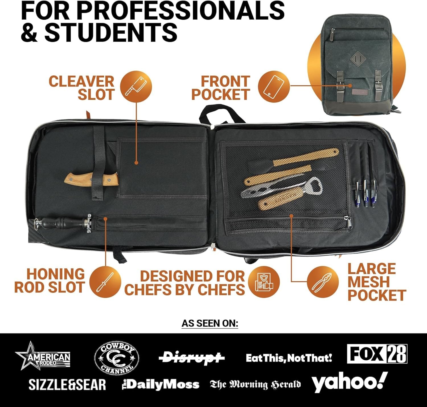 Chef Sac Elite Chef Knife Bag | Vintage Waxed Canvas Daypack | 20+ Pockets for Knives Tools | Slots for Cleaver Honing Rod | Water Resistant Material | Knife Organizer for Chefs (Black) Chef Sac Elite Chef Knife Bag | Vintage Waxed Canvas Daypack | 20+ Pockets for Knives Tools | Slots for Cleaver Honing Rod | Water Resistant Material | Knife Organizer for Chefs (Black)