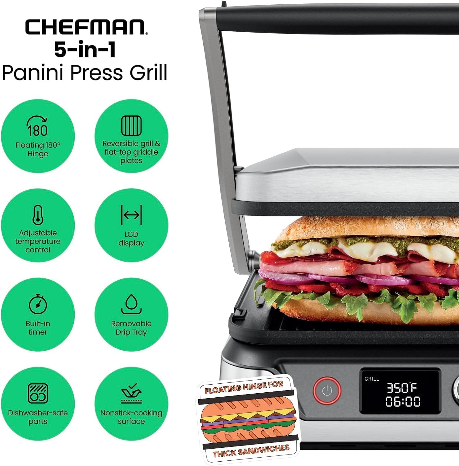 Chefman 5-in-1 Digital Panini Press Grill Sandwich Maker and Griddle Grill Combo with Removable, Reversible Dishwasher-Safe Grilling Plates, Opens 180° for Indoor BBQ or Flat Top Grill Chefman 5-in-1 Digital Panini Press Grill Sandwich Maker and Griddle Grill Combo with Removable, Reversible Dishwasher-Safe Grilling Plates, Opens 180° for Indoor BBQ or Flat Top Grill