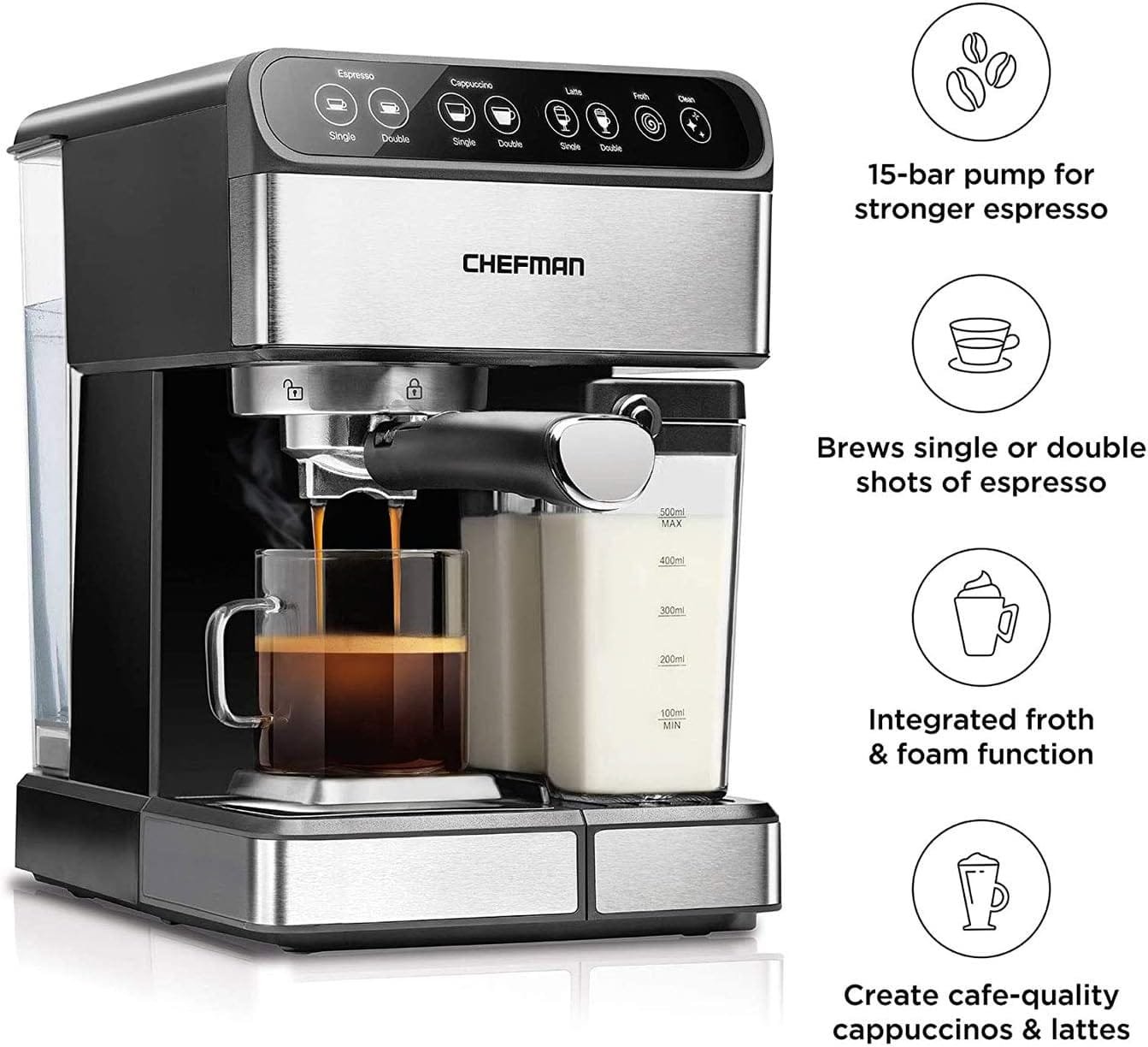 Chefman 6-in-1 Espresso Machine with Built-In Milk Frother, 15-BAR Pump, Digital Display, One-Touch Single or Double Shot for Cappuccinos and Lattes, XL 1.8-L Water Reservoir, Stainless Steel