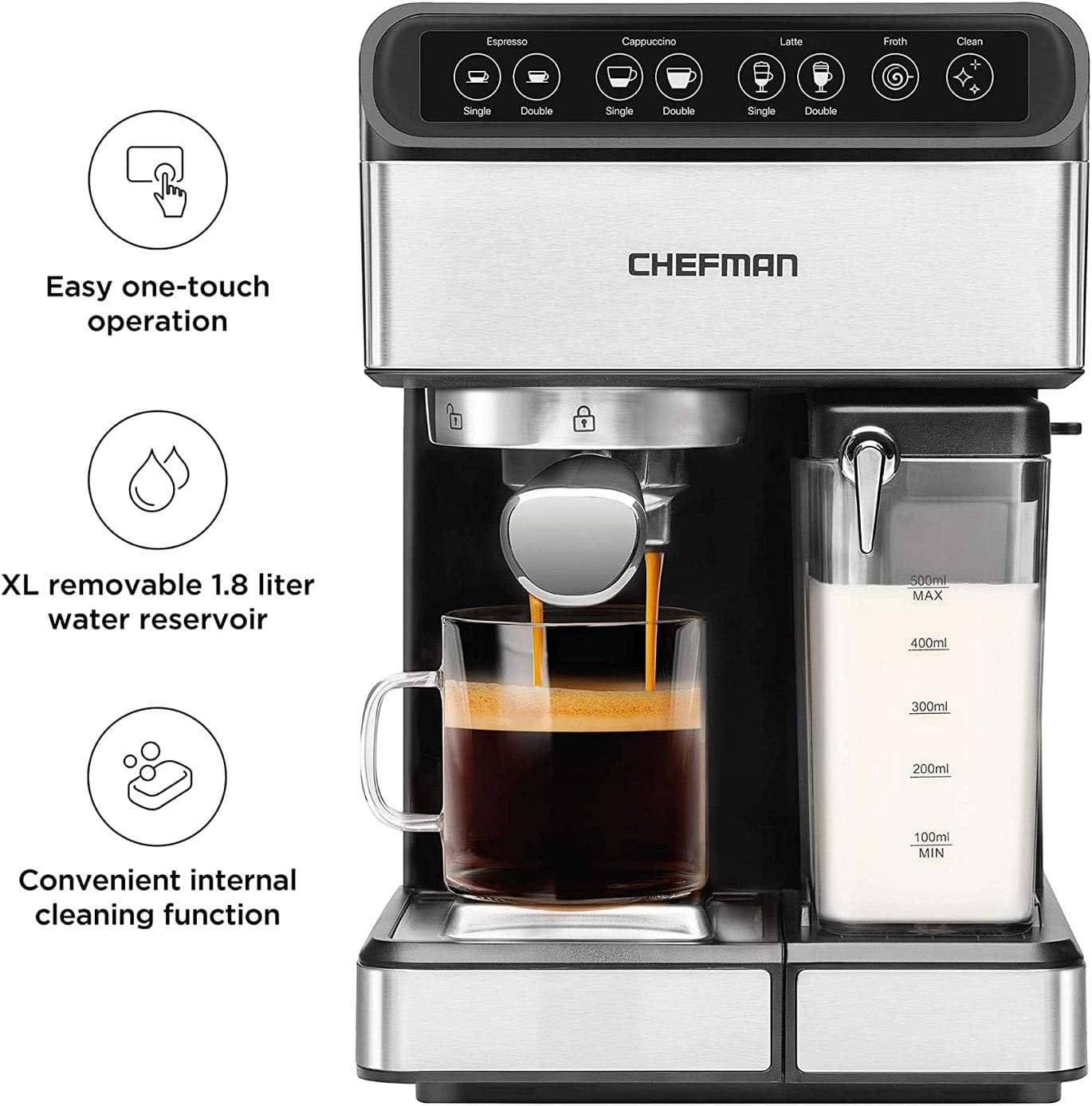 Chefman 6-in-1 Espresso Machine with Built-In Milk Frother, 15-BAR Pump, Digital Display, One-Touch Single or Double Shot for Cappuccinos and Lattes, XL 1.8-L Water Reservoir, Stainless Steel