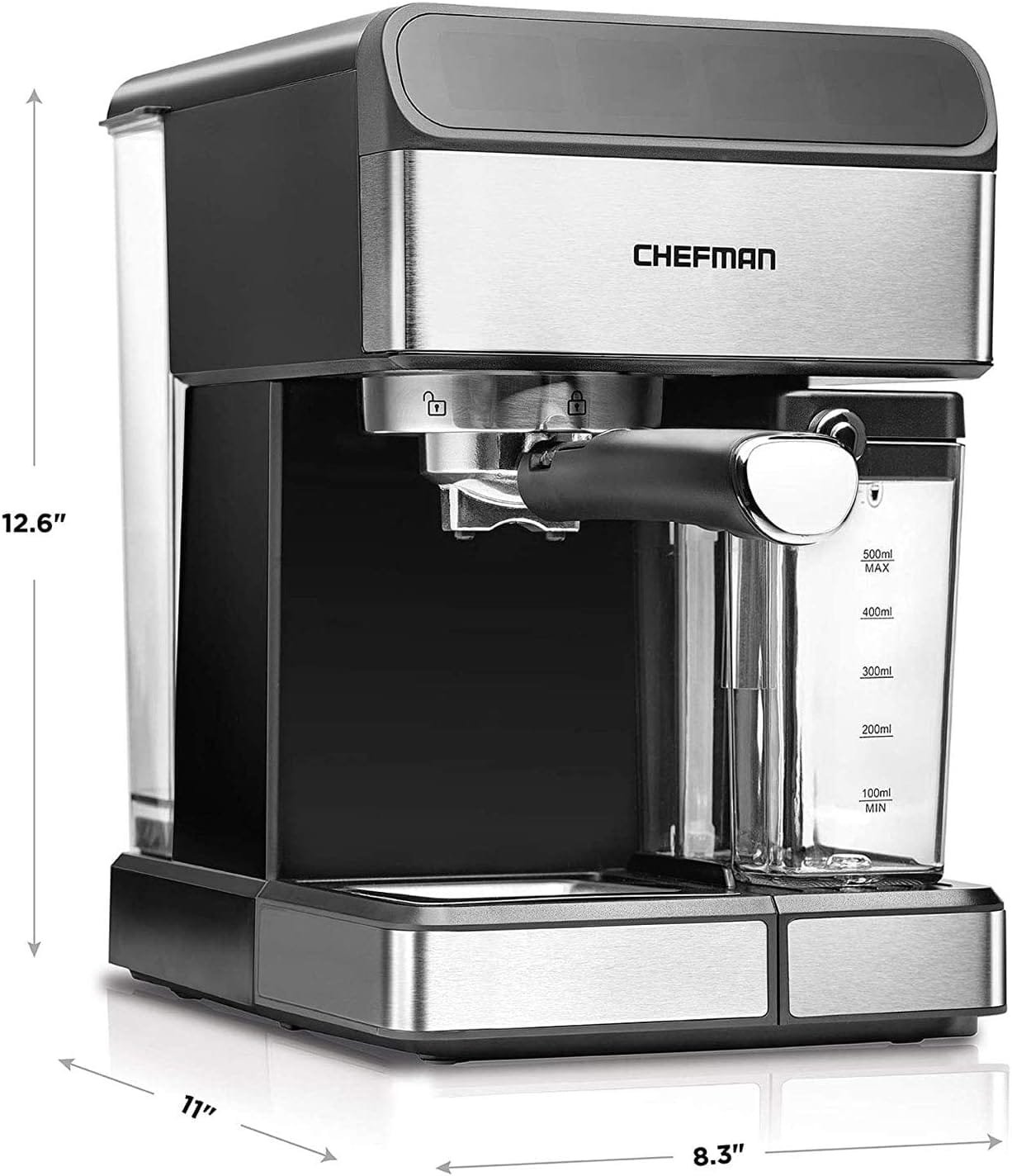 Chefman 6-in-1 Espresso Machine with Built-In Milk Frother, 15-BAR Pump, Digital Display, One-Touch Single or Double Shot for Cappuccinos and Lattes, XL 1.8-L Water Reservoir, Stainless Steel