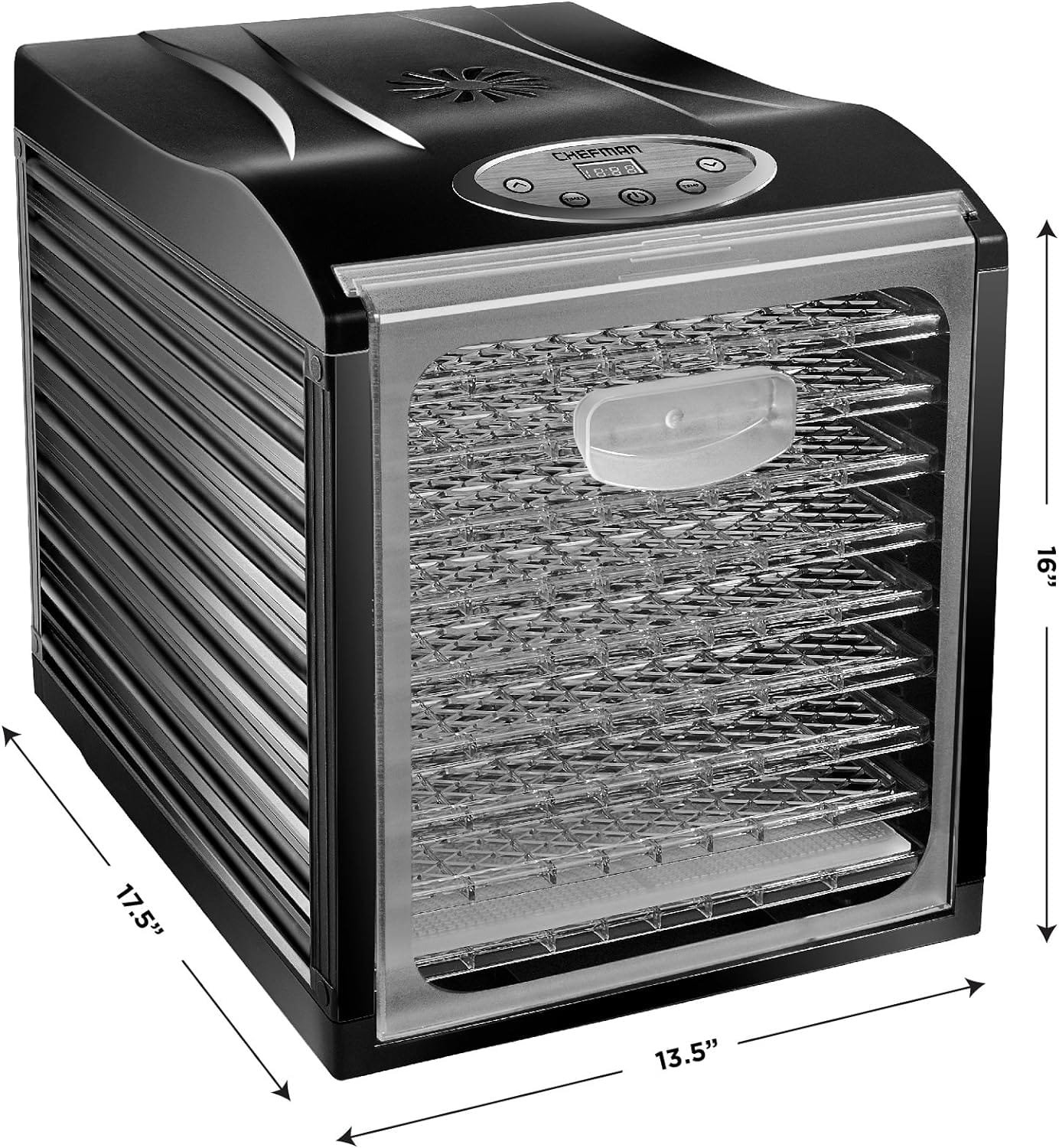 Chefman 9-Tray Food Dehydrator Machine Professional Electric Multi-Tier Food Preserver, Dried Meat or Beef Jerky Maker, Fruit  Vegetable Dryer with 9 Slide Out Trays  Transparent Door, Black Chefman 9-Tray Food Dehydrator Machine Professional Electric Multi-Tier Food Preserver, Dried Meat or Beef Jerky Maker, Fruit  Vegetable Dryer with 9 Slide Out Trays  Transparent Door, Black