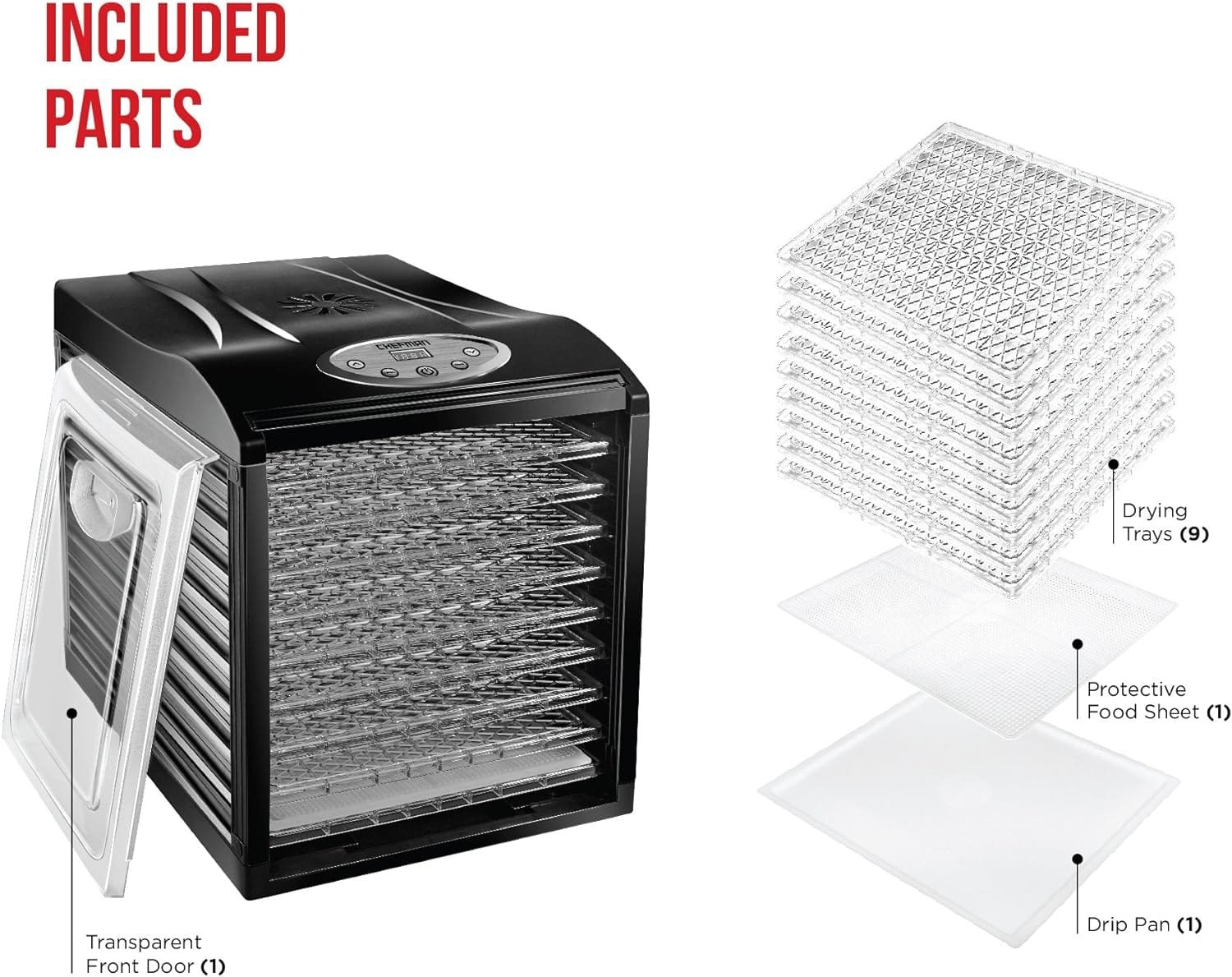 Chefman 9-Tray Food Dehydrator Machine Professional Electric Multi-Tier Food Preserver, Dried Meat or Beef Jerky Maker, Fruit  Vegetable Dryer with 9 Slide Out Trays  Transparent Door, Black Chefman 9-Tray Food Dehydrator Machine Professional Electric Multi-Tier Food Preserver, Dried Meat or Beef Jerky Maker, Fruit  Vegetable Dryer with 9 Slide Out Trays  Transparent Door, Black