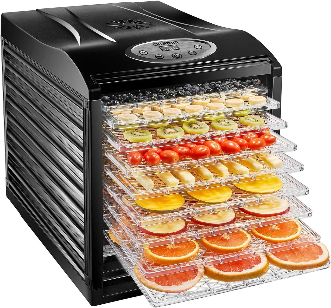 Chefman 9-Tray Food Dehydrator Machine Professional Electric Multi-Tier Food Preserver, Dried Meat or Beef Jerky Maker, Fruit  Vegetable Dryer with 9 Slide Out Trays  Transparent Door, Black Chefman 9-Tray Food Dehydrator Machine Professional Electric Multi-Tier Food Preserver, Dried Meat or Beef Jerky Maker, Fruit  Vegetable Dryer with 9 Slide Out Trays  Transparent Door, Black