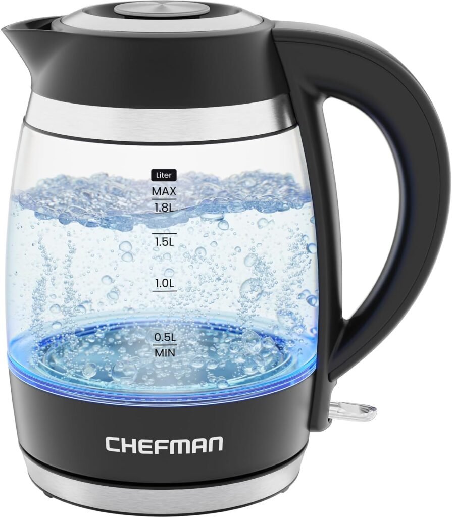 Chefman Electric Kettle, 1.8L 1500W, Hot Water Boiler, Removable Lid for Easy Cleaning, Auto Shut Off, Boil-Dry Protection, Stainless Steel Filter, BPA Free, Borosilicate Glass Electric Tea Kettle