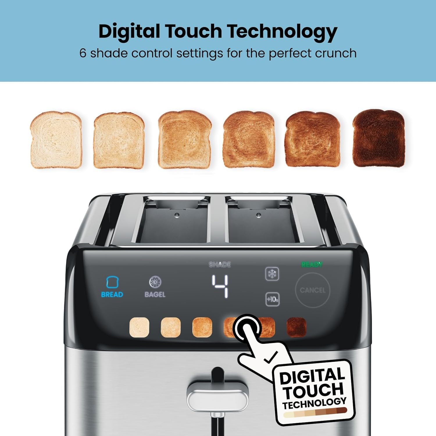 Chefman Smart Touch 4 Slice Digital Toaster, 6 Shade Settings, Stainless Steel Toaster 4 Slice with Extra-Wide Slots, Thick Bread Toaster and Bagel Toaster, +10, Defrost, Removable Crumb Tray