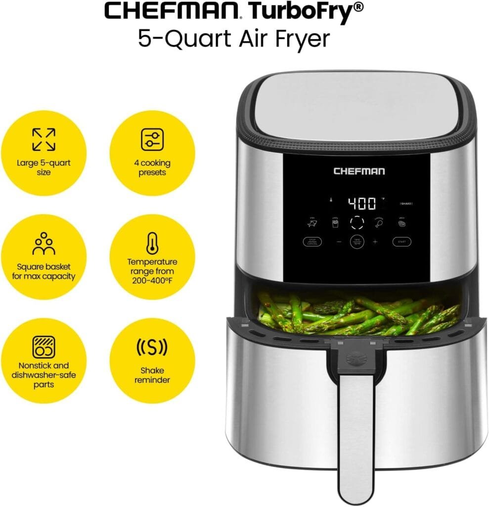 Chefman TurboFry Touch Air Fryer, Large 5-Quart Family Size, One Touch Digital Control Presets, French Fries, Chicken, Meat, Fish, Nonstick Dishwasher-Safe Parts, Automatic Shutoff, Stainless Steel Chefman TurboFry Touch Air Fryer, Large 5-Quart Family Size, One Touch Digital Control Presets, French Fries, Chicken, Meat, Fish, Nonstick Dishwasher-Safe Parts, Automatic Shutoff, Stainless Steel