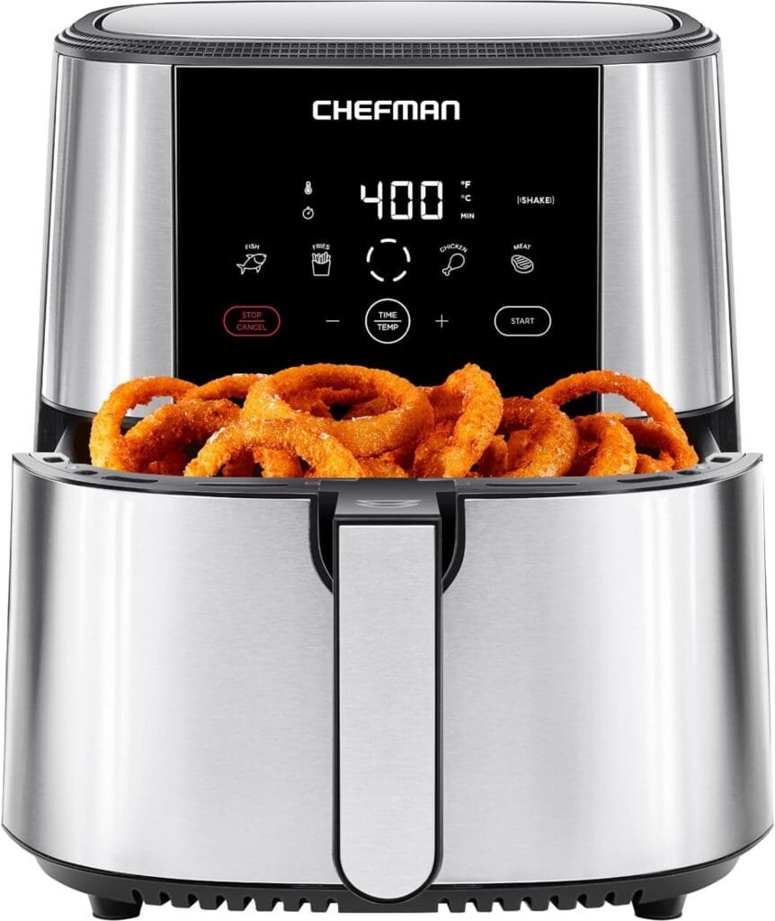 Chefman TurboFry Touch Air Fryer, Large 5-Quart Family Size, One Touch Digital Control Presets, French Fries, Chicken, Meat, Fish, Nonstick Dishwasher-Safe Parts, Automatic Shutoff, Stainless Steel Chefman TurboFry Touch Air Fryer, Large 5-Quart Family Size, One Touch Digital Control Presets, French Fries, Chicken, Meat, Fish, Nonstick Dishwasher-Safe Parts, Automatic Shutoff, Stainless Steel