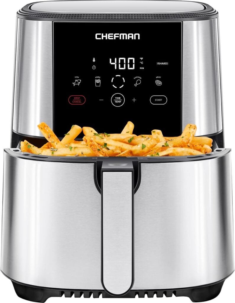 Chefman TurboFry Touch Air Fryer, Large 5-Quart Family Size, One Touch Digital Control Presets, French Fries, Chicken, Meat, Fish, Nonstick Dishwasher-Safe Parts, Automatic Shutoff, Stainless Steel Chefman TurboFry Touch Air Fryer, Large 5-Quart Family Size, One Touch Digital Control Presets, French Fries, Chicken, Meat, Fish, Nonstick Dishwasher-Safe Parts, Automatic Shutoff, Stainless Steel