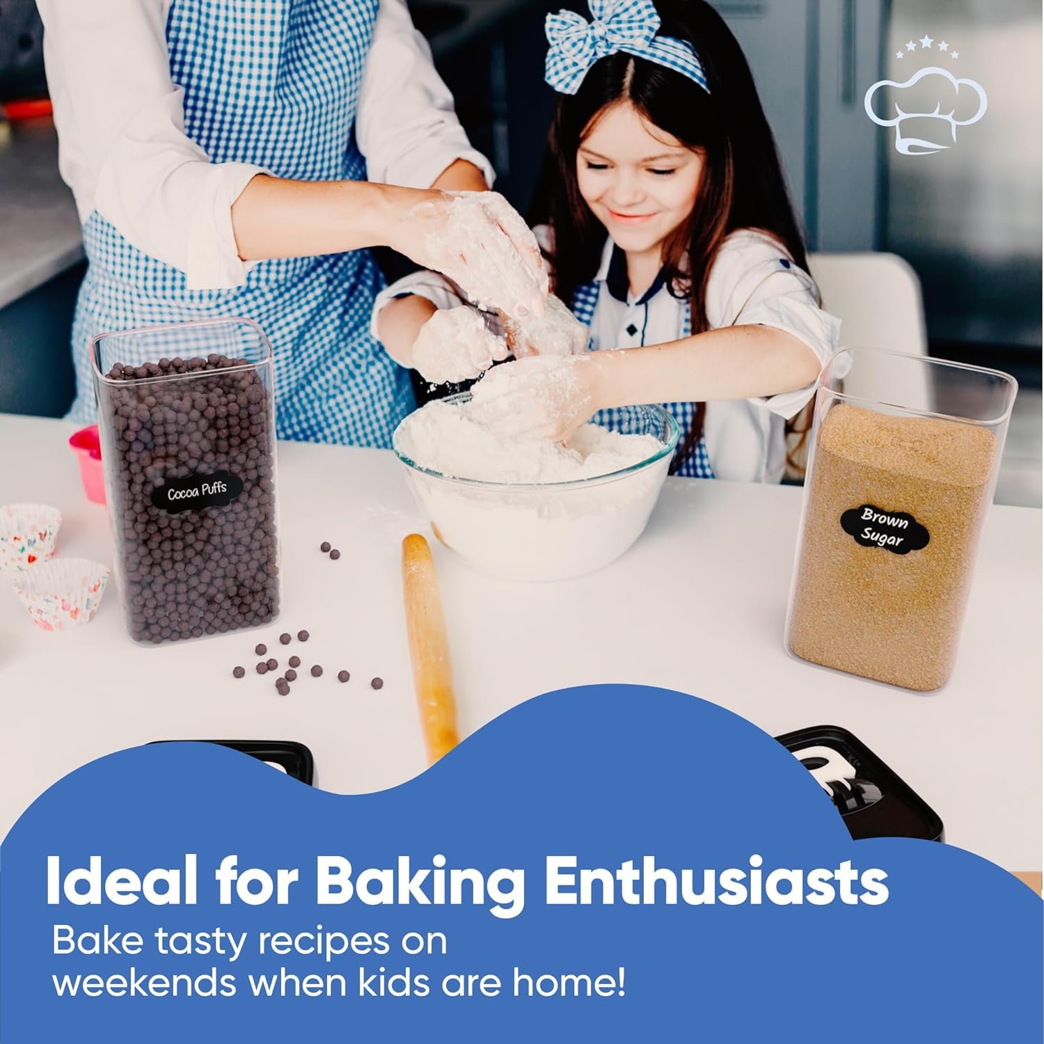 Chefs Path Airtight Food Storage Boxes with Labels - Kitchen Storage - Flour, Cereal, Pasta - Plastic Storage Boxes with Lids (4pcs-3.2L)