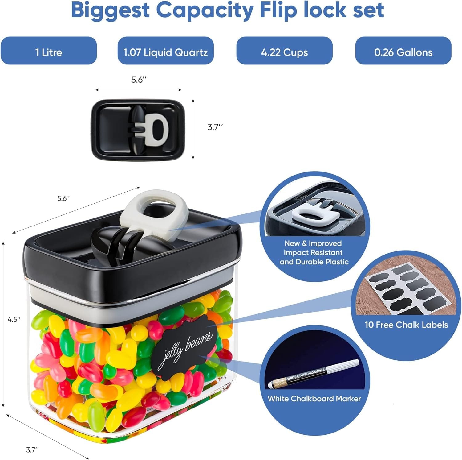 Chefs Path Airtight Food Storage Boxes with Labels - Kitchen Storage - Flour, Cereal, Pasta - Plastic Storage Boxes with Lids (4pcs-3.2L)