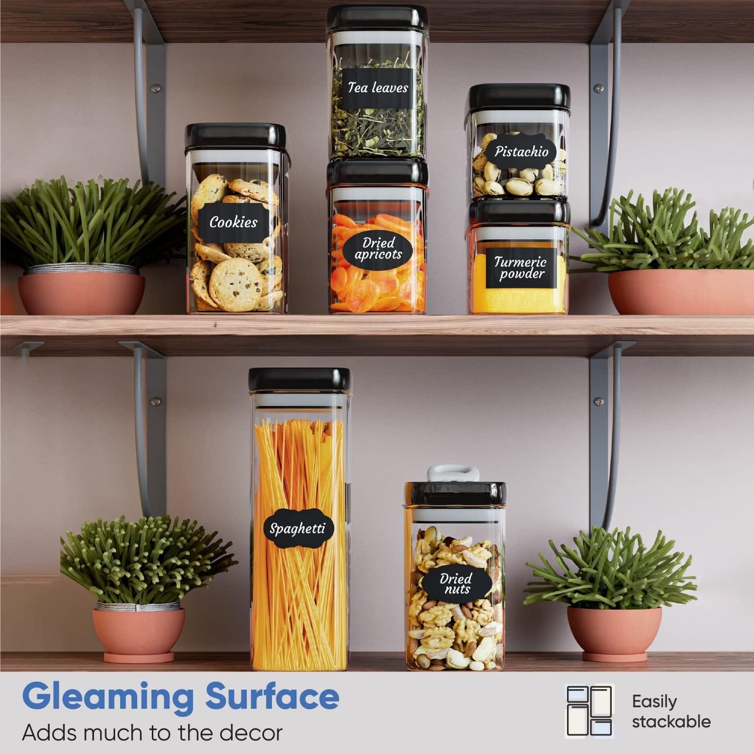 Chefs Path - Set of 7 Airtight Food Storage Containers for Kitchen Storage - Clear Plastic - Durable Strong Lids - Labels and Chalk Marker