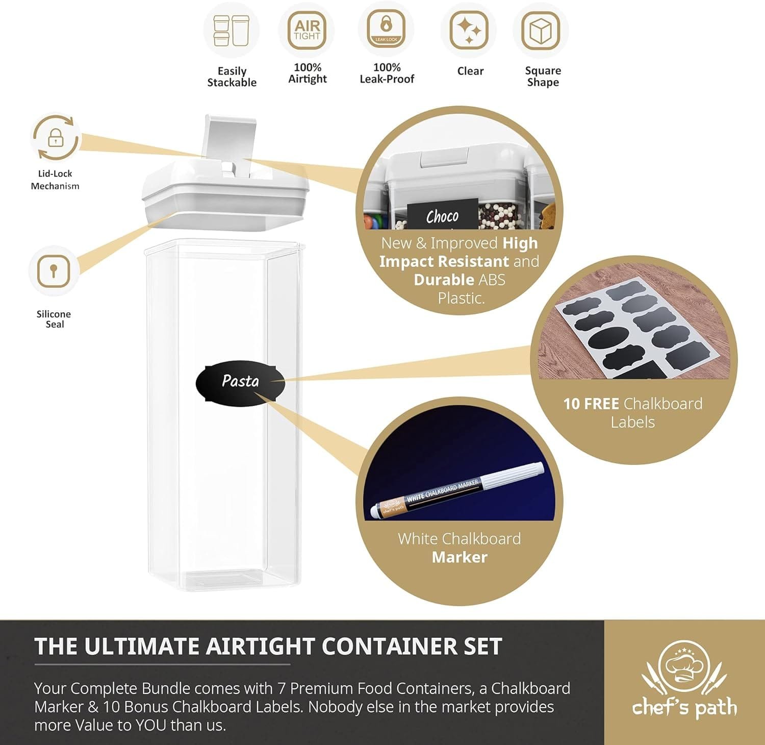 Chefs Path - Set of 7 Airtight Food Storage Containers for Kitchen Storage - Clear Plastic - Durable Strong Lids - Labels and Chalk Marker