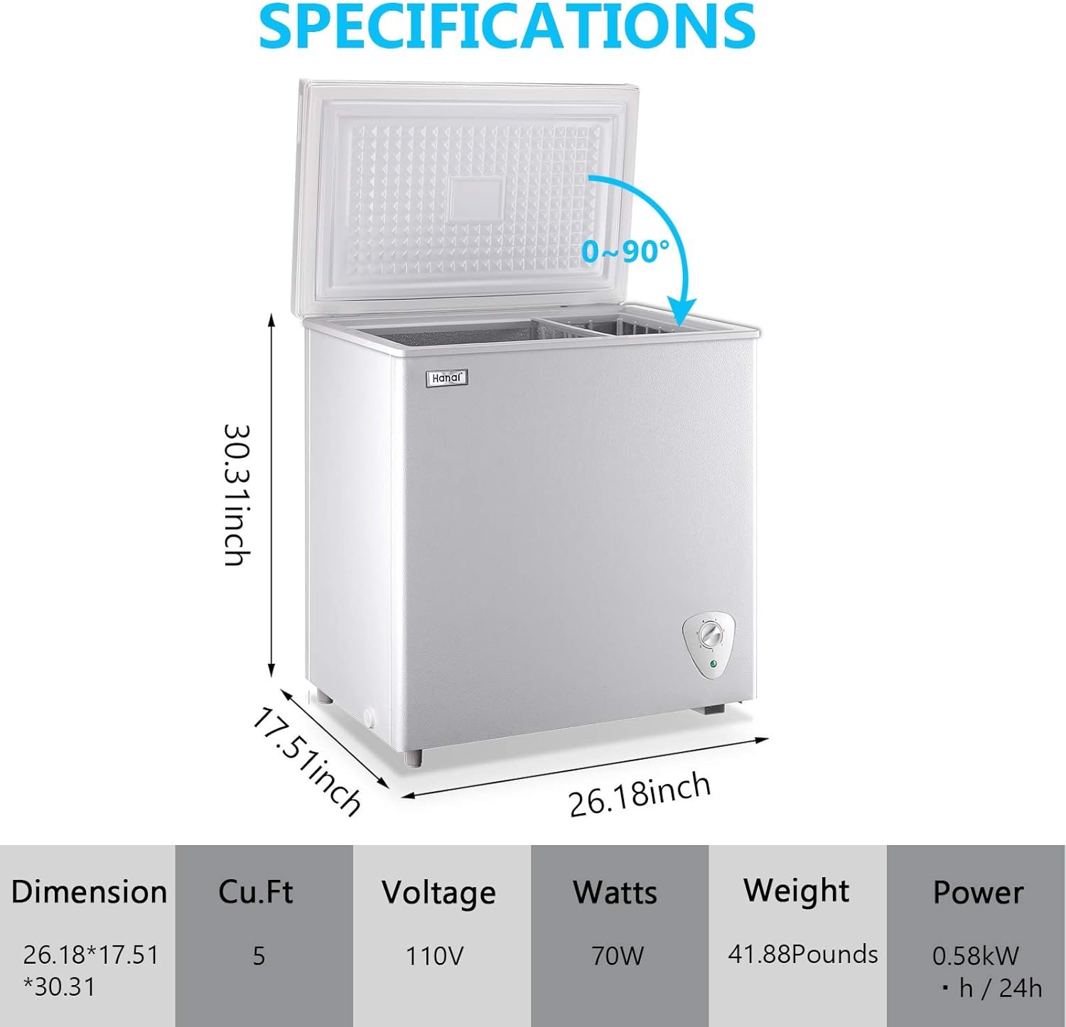Chest Freezer 5.0 Cu.Ft Small Deep Freezer White Top Door Mini Freezer with Removable Basket, Low Noise, 7 Adjustable Temperature and Energy Saving Perfect for Home Garage Basement Dorm or Apartment