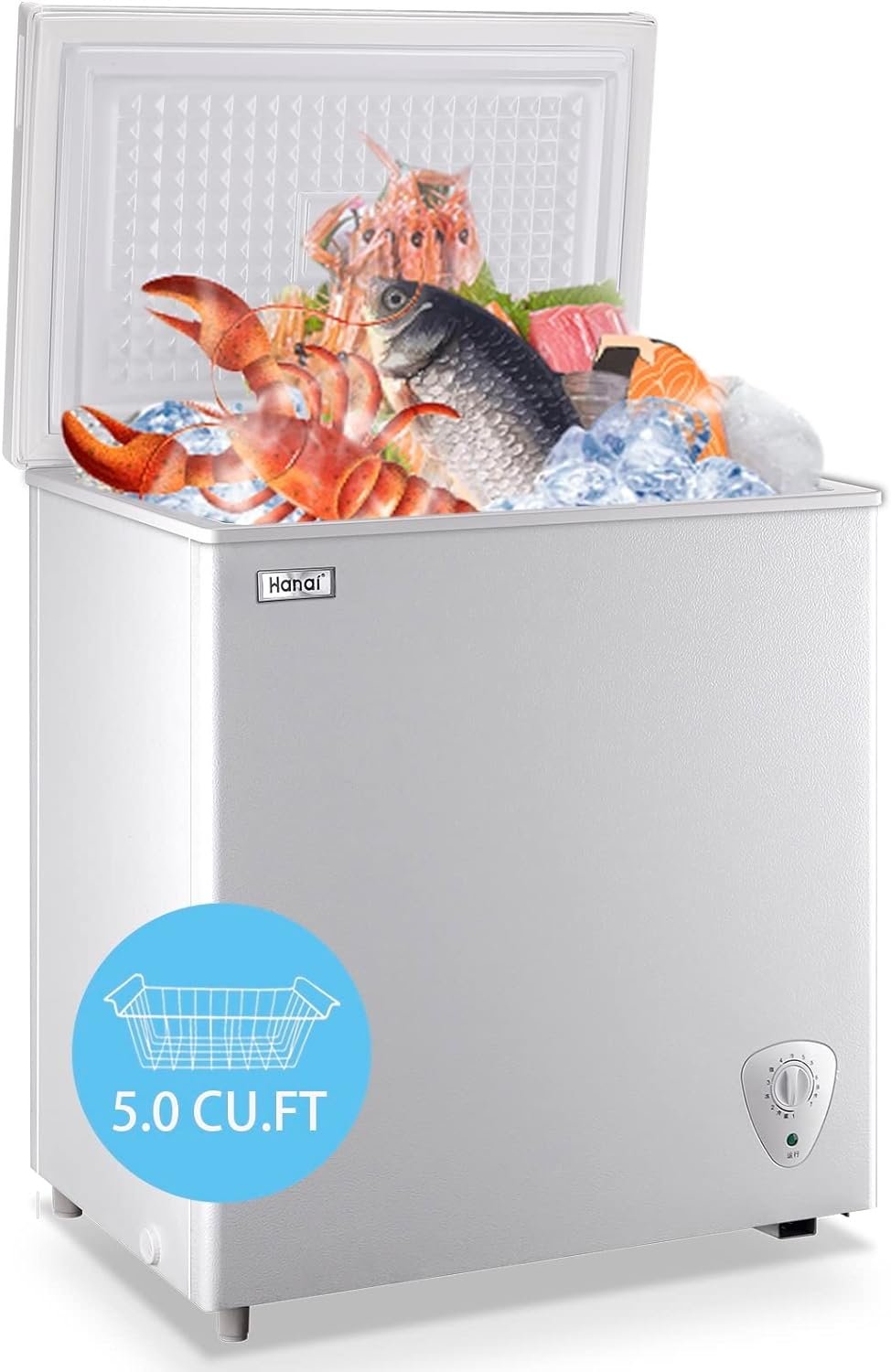Chest Freezer 5.0 Cu.Ft Small Deep Freezer White Top Door Mini Freezer with Removable Basket, Low Noise, 7 Adjustable Temperature and Energy Saving Perfect for Home Garage Basement Dorm or Apartment
