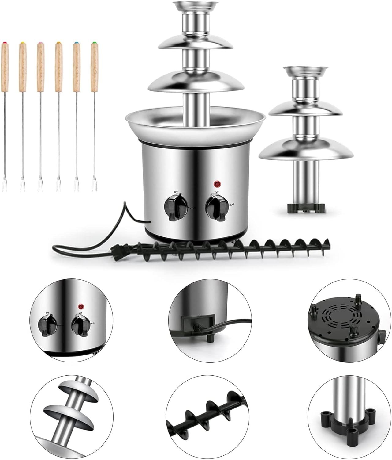 Chocolate Fondue Fountain 32-Ounce Stainless Steel Electirc Chocolate Fondue Set,Chocolate Melting Foundue Set for Chocolate/Butter/Candy (3-Tier + 6 Forks, Silver) Chocolate Fondue Fountain 32-Ounce Stainless Steel Electirc Chocolate Fondue Set,Chocolate Melting Foundue Set for Chocolate/Butter/Candy (3-Tier + 6 Forks, Silver)